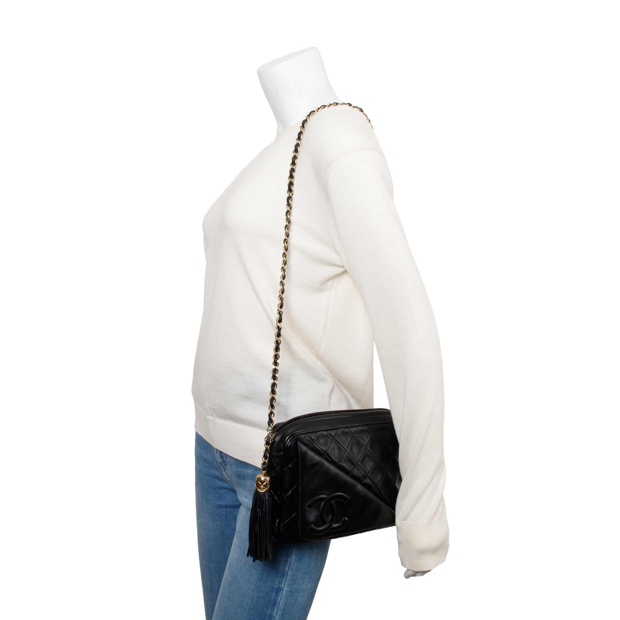 Chanel Vintage Black Quilted Lambskin Leather CC Tassel Camera Bag w/ Authenticity Card