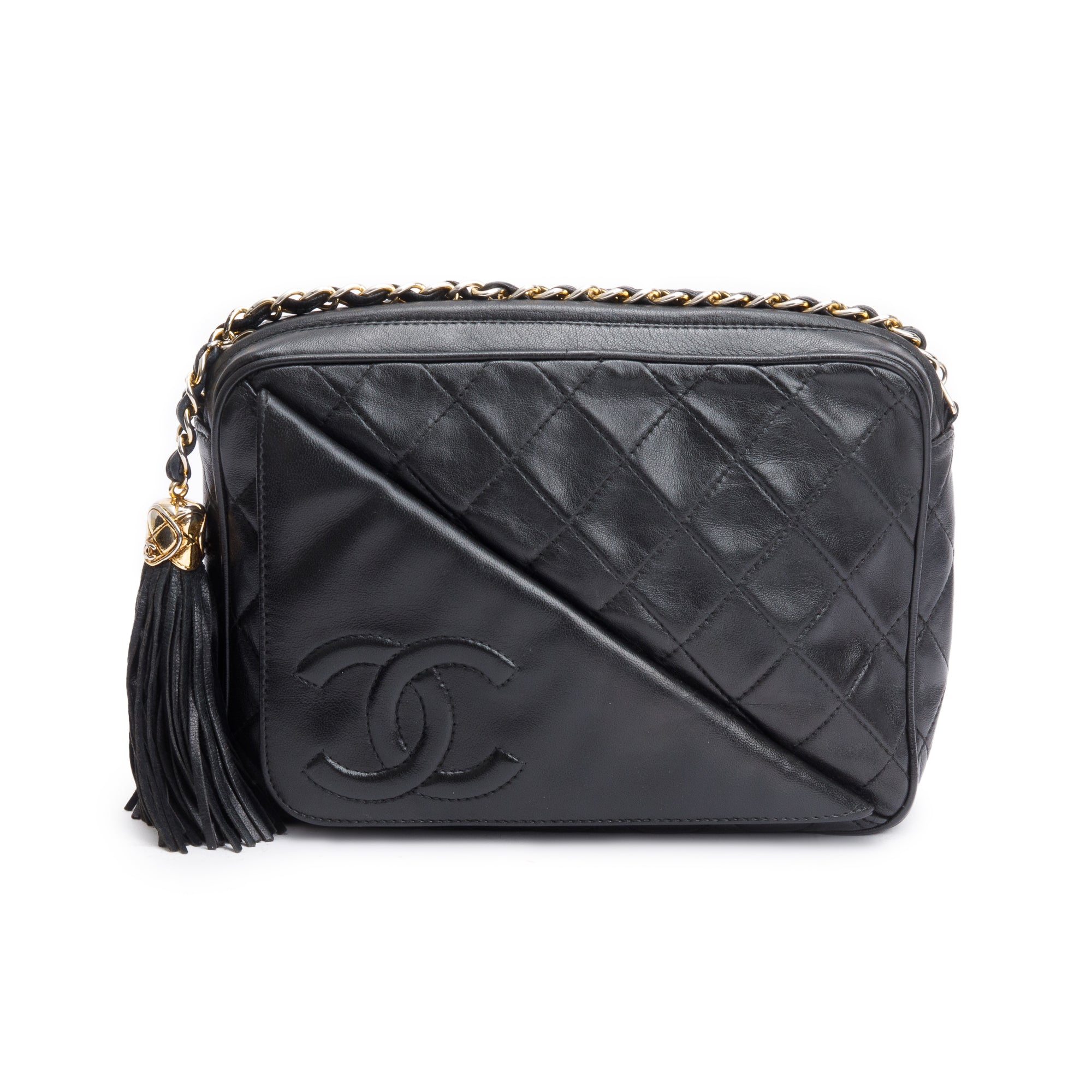 Chanel Vintage Black Quilted Lambskin Leather CC Tassel Camera Bag w/ Authenticity Card