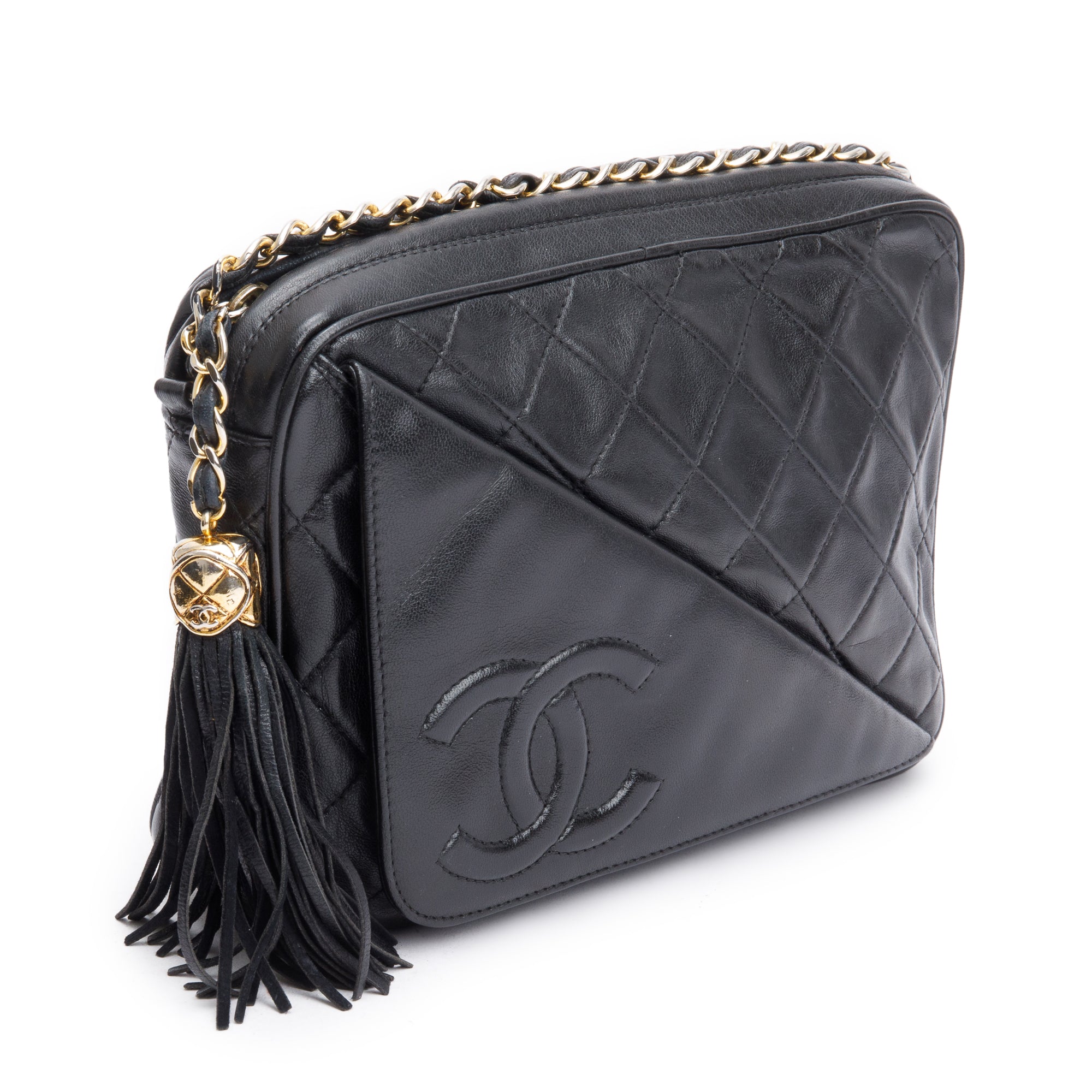 Chanel Vintage Black Quilted Lambskin Leather CC Tassel Camera Bag w/ Authenticity Card