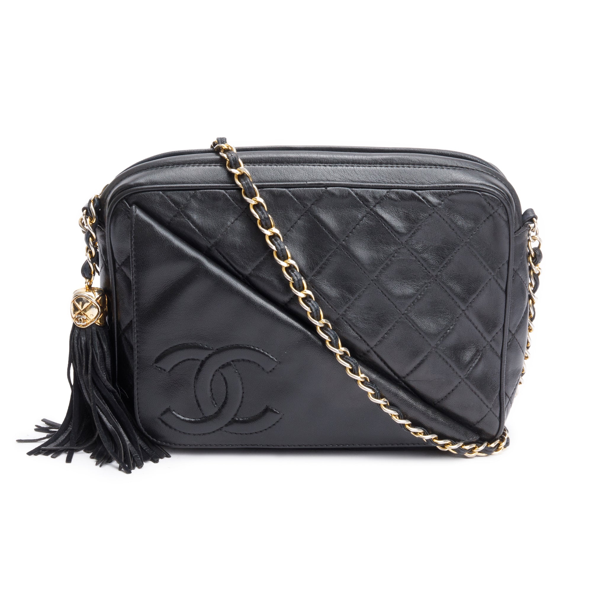 Chanel Vintage Black Quilted Lambskin Leather CC Tassel Camera Bag w/ Authenticity Card
