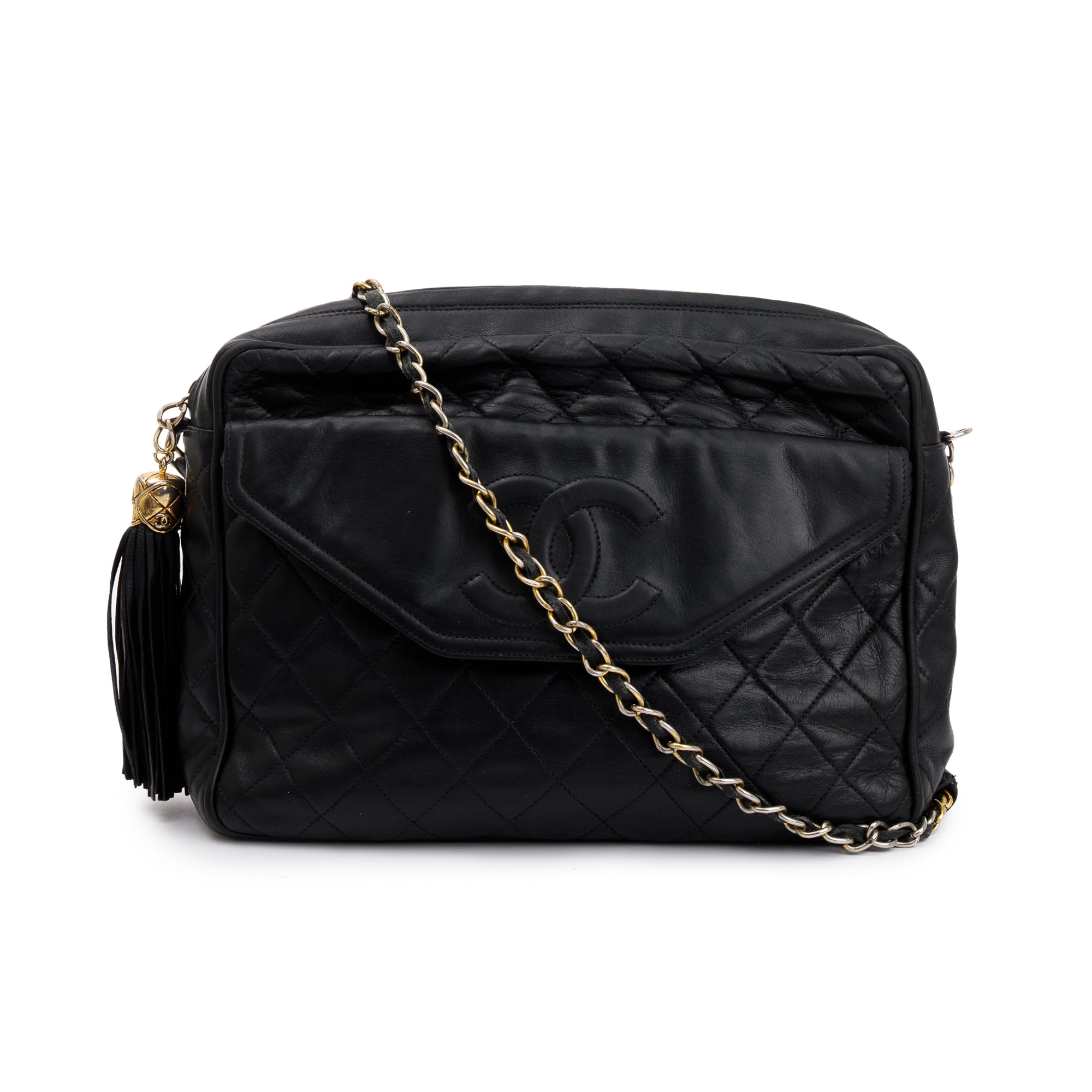 Chanel Vintage Black Quilted Lambskin Leather CC Tassel Camera Bag