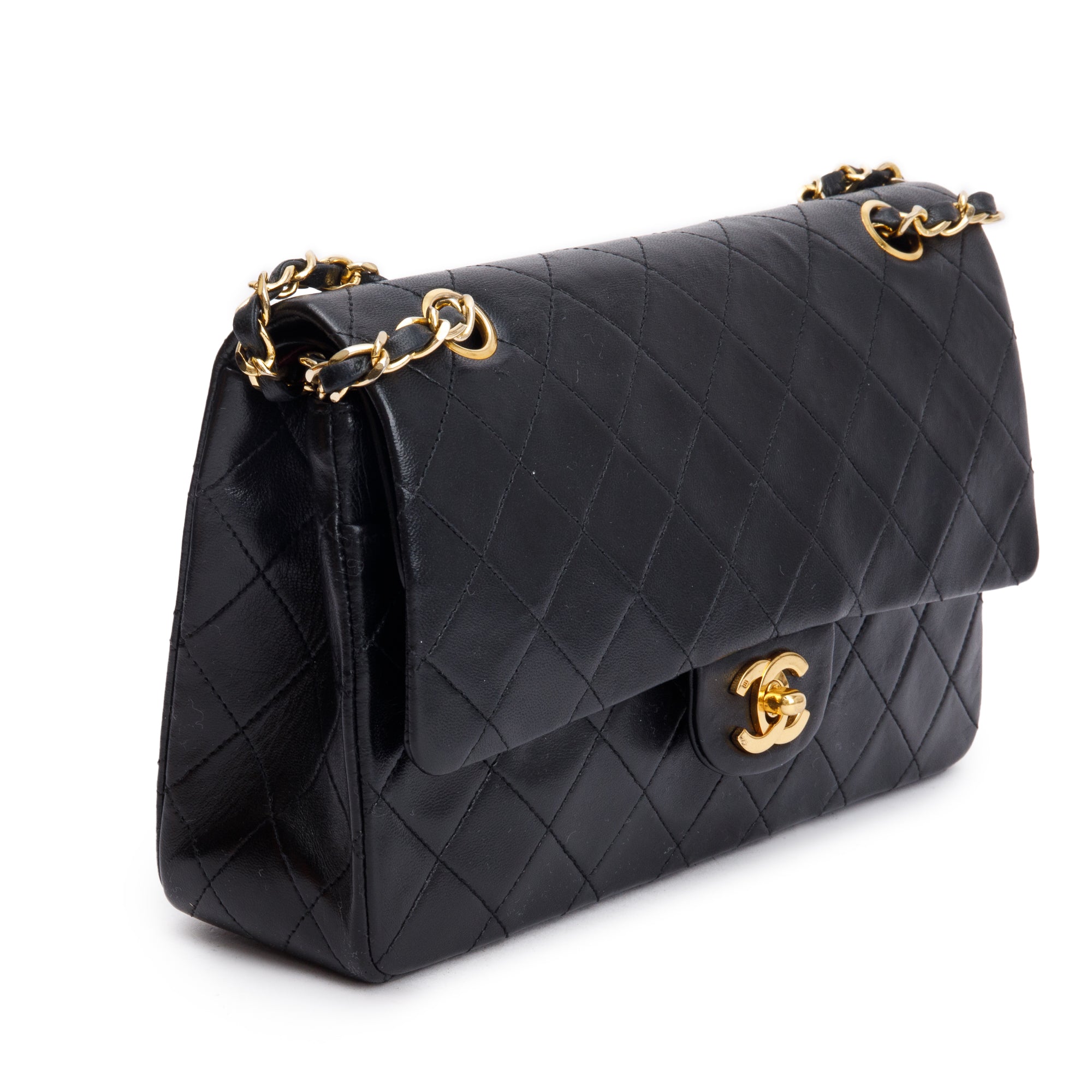 Chanel Vintage Black Quilted Lambskin Leather Classic Medium Double Flap Bag w/ Box