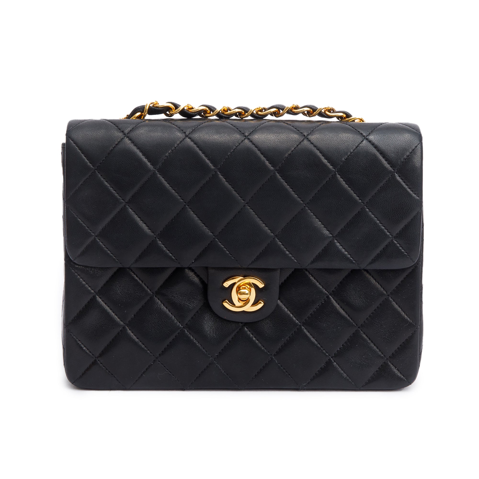Chanel Vintage Black Quilted Lambskin Leather Small Square Single Flap Bag w/ Box