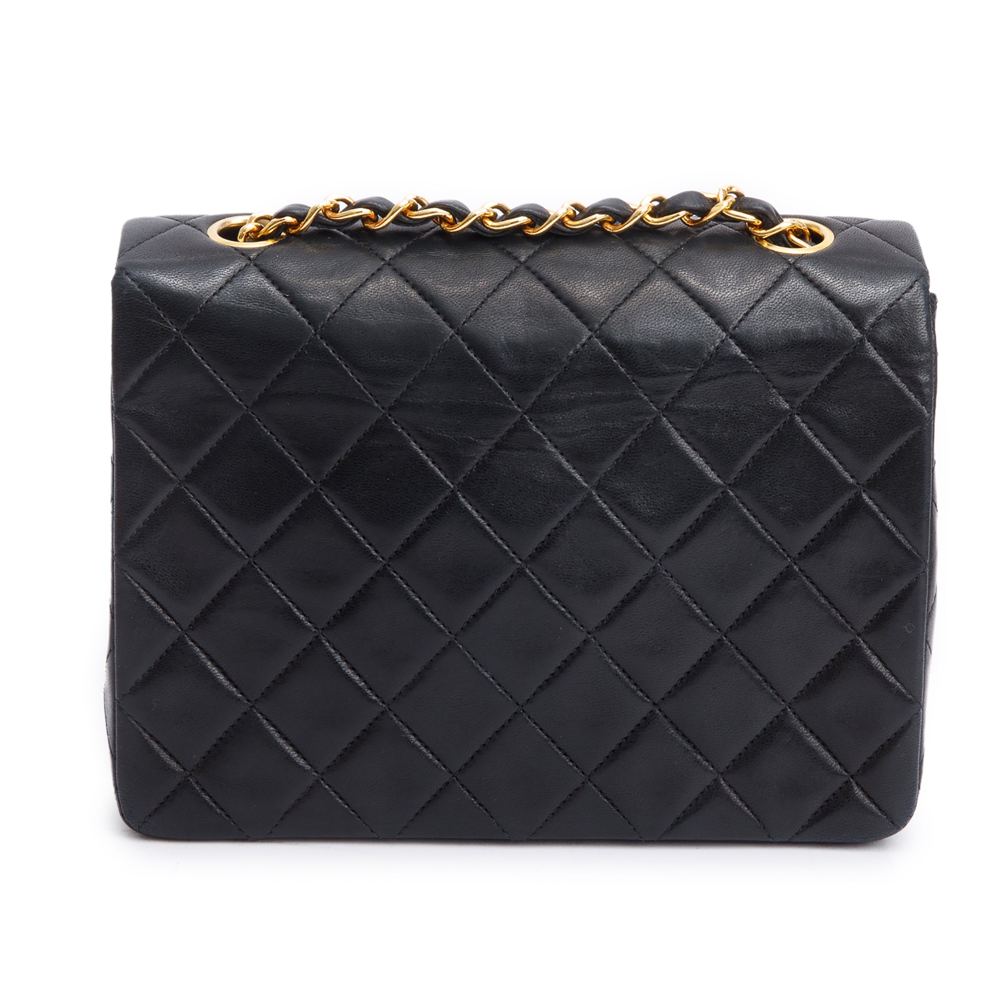 Chanel Vintage Black Quilted Lambskin Leather Small Square Single Flap Bag w/ Box