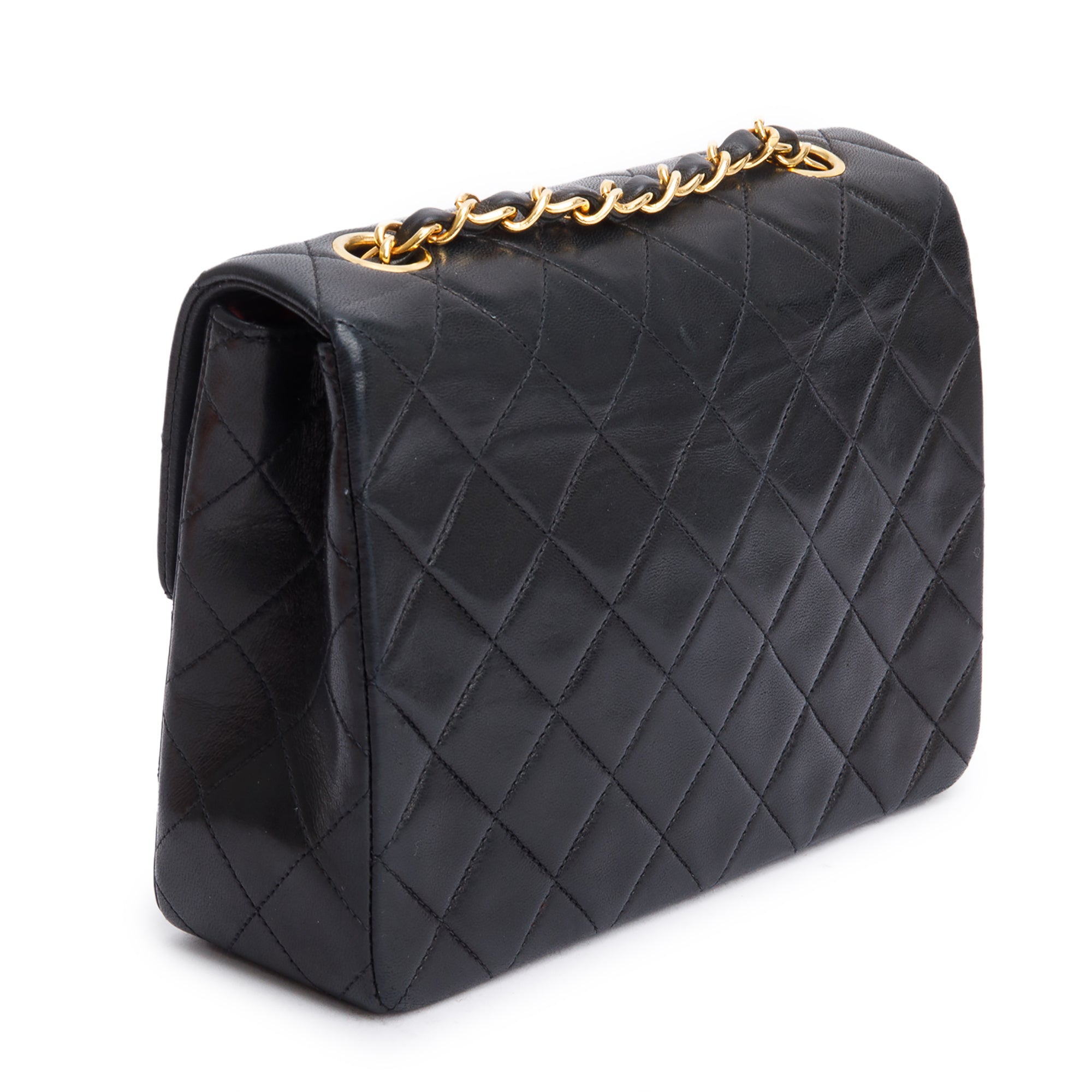 Chanel Vintage Black Quilted Lambskin Leather Small Square Single Flap Bag w/ Box