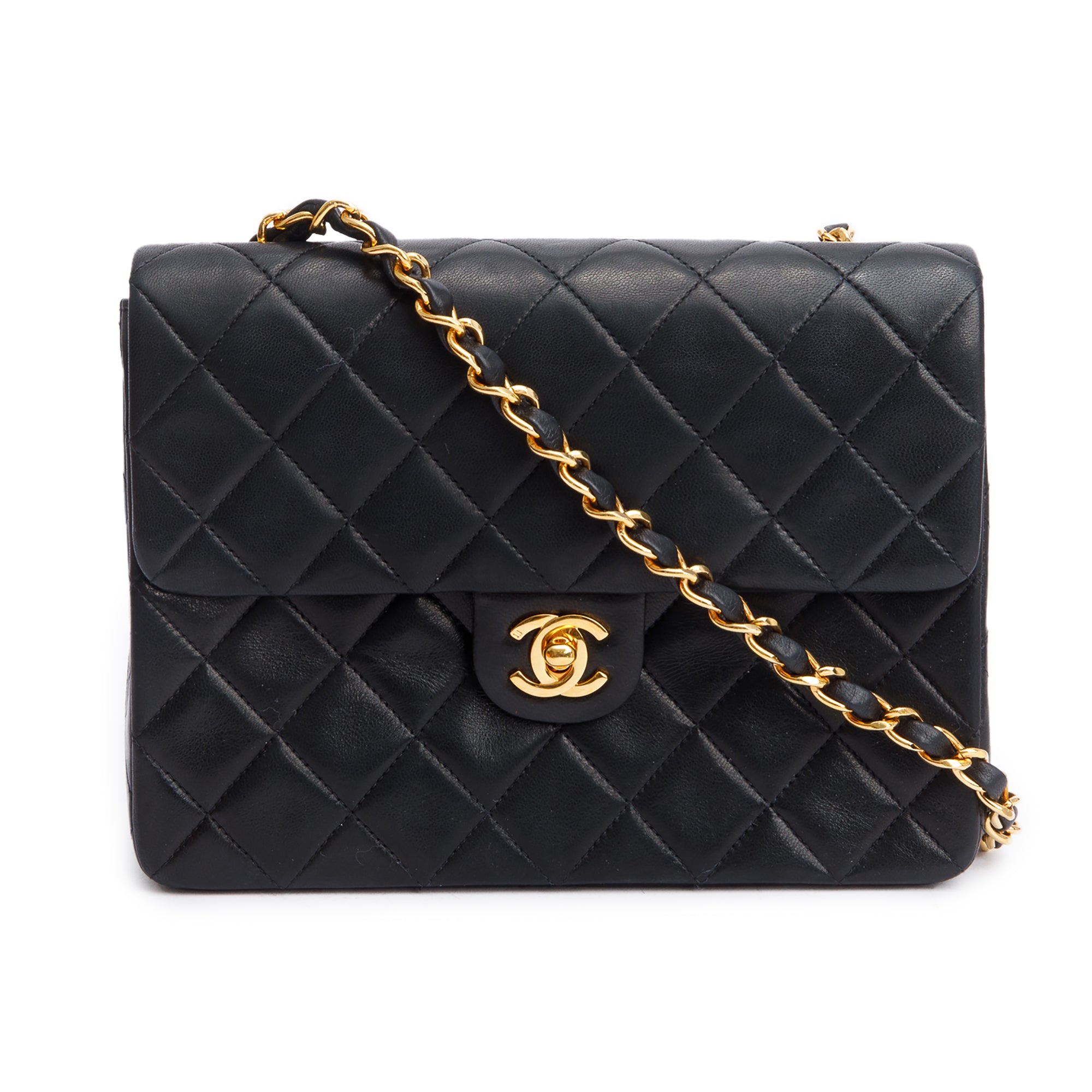 Chanel Vintage Black Quilted Lambskin Leather Small Square Single Flap Bag w/ Box