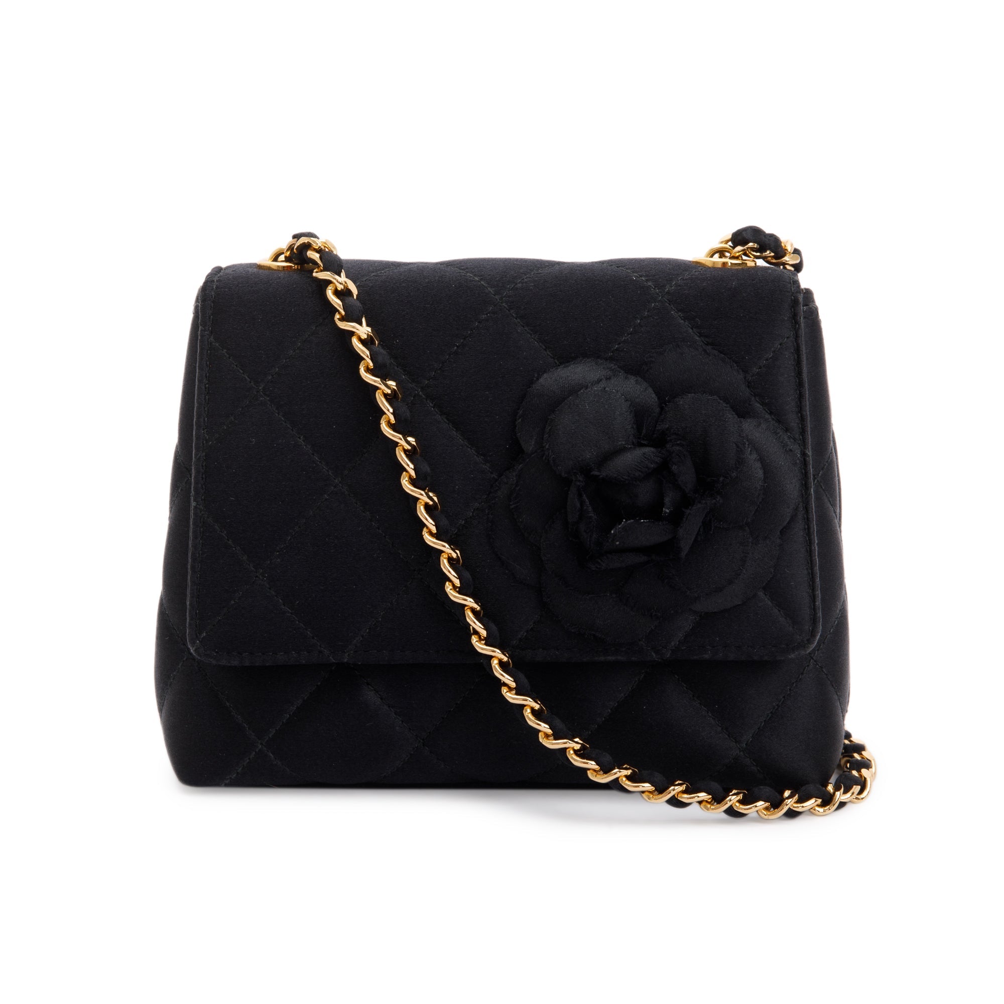 Chanel Vintage Black Quilted Satin Mini Camellia Flap Bag