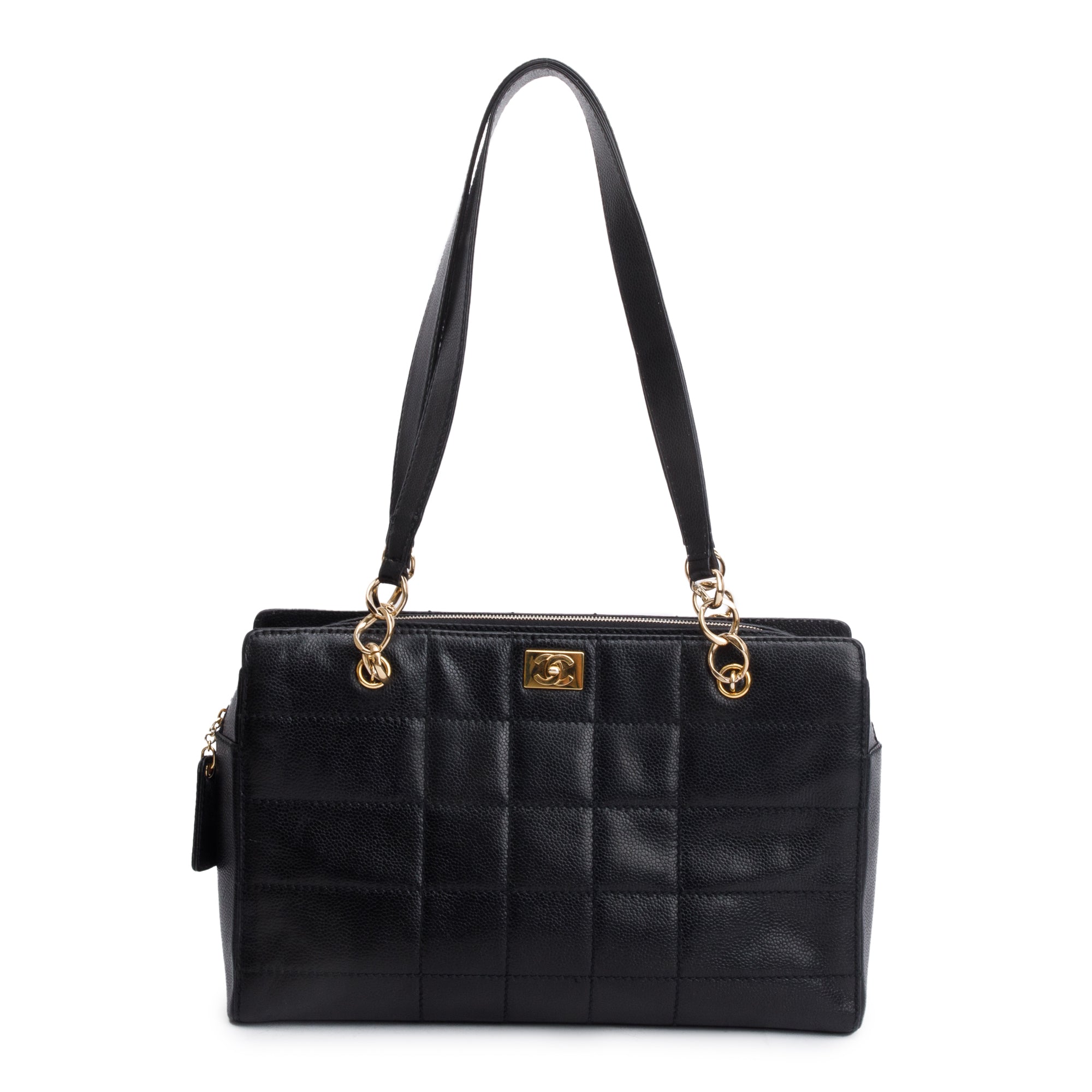 Chanel Vintage Black Stitched Chocolate Bar Quilted Caviar Leather Zip Tote