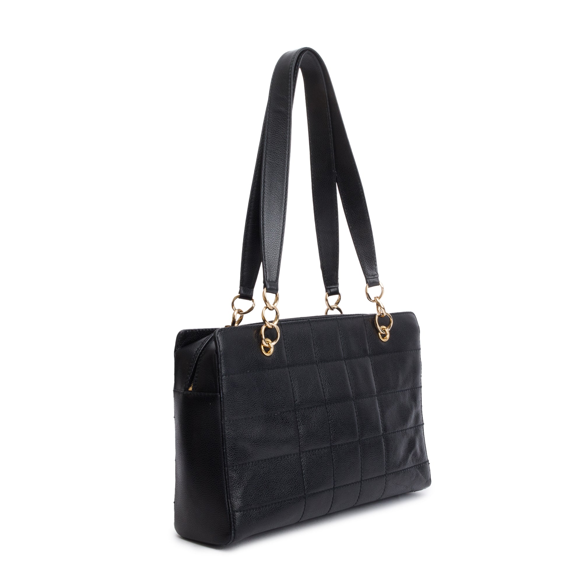 Chanel Vintage Black Stitched Chocolate Bar Quilted Caviar Leather Zip Tote