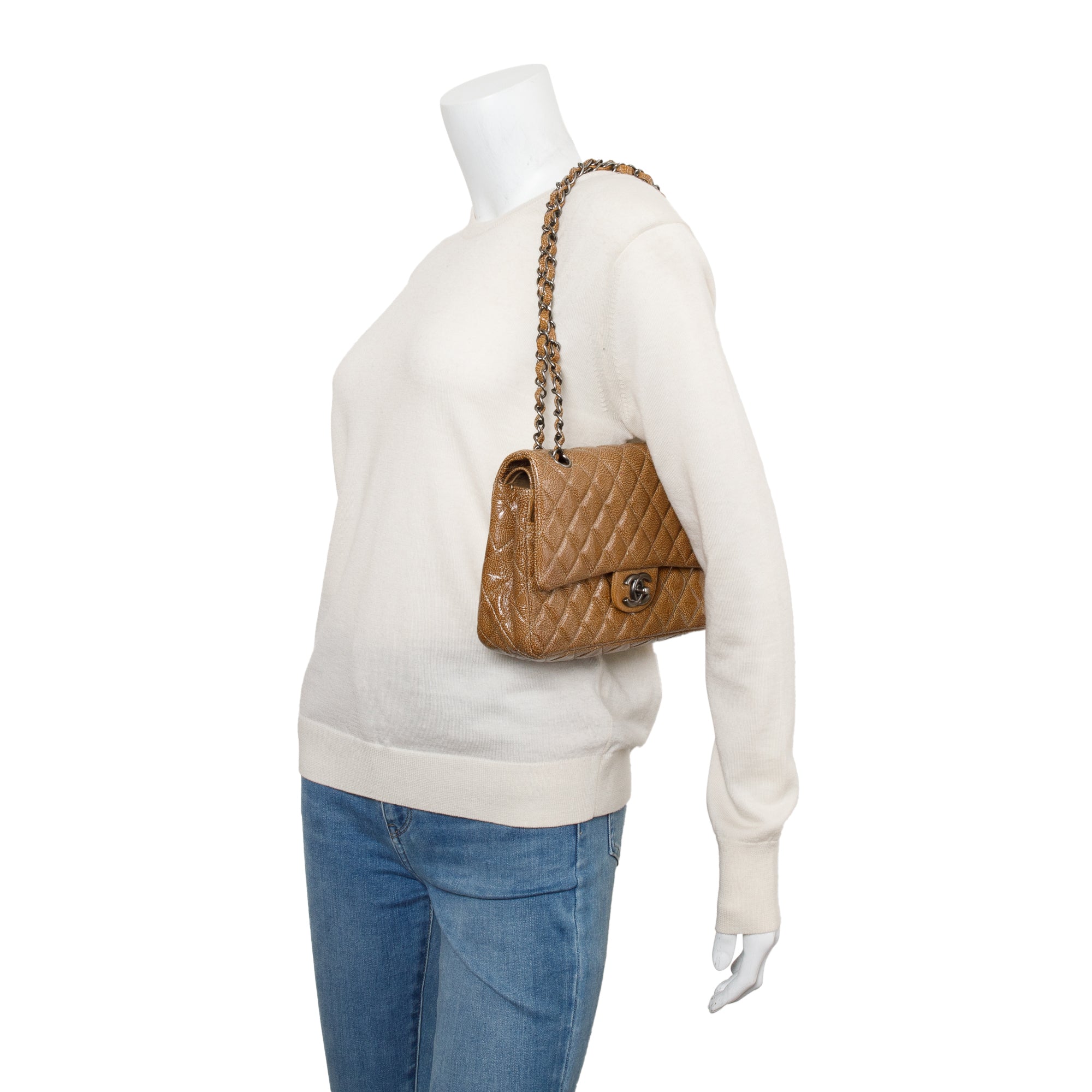 Chanel Vintage Brown Crinkled Patent Leather Classic Medium Double Flap Bag