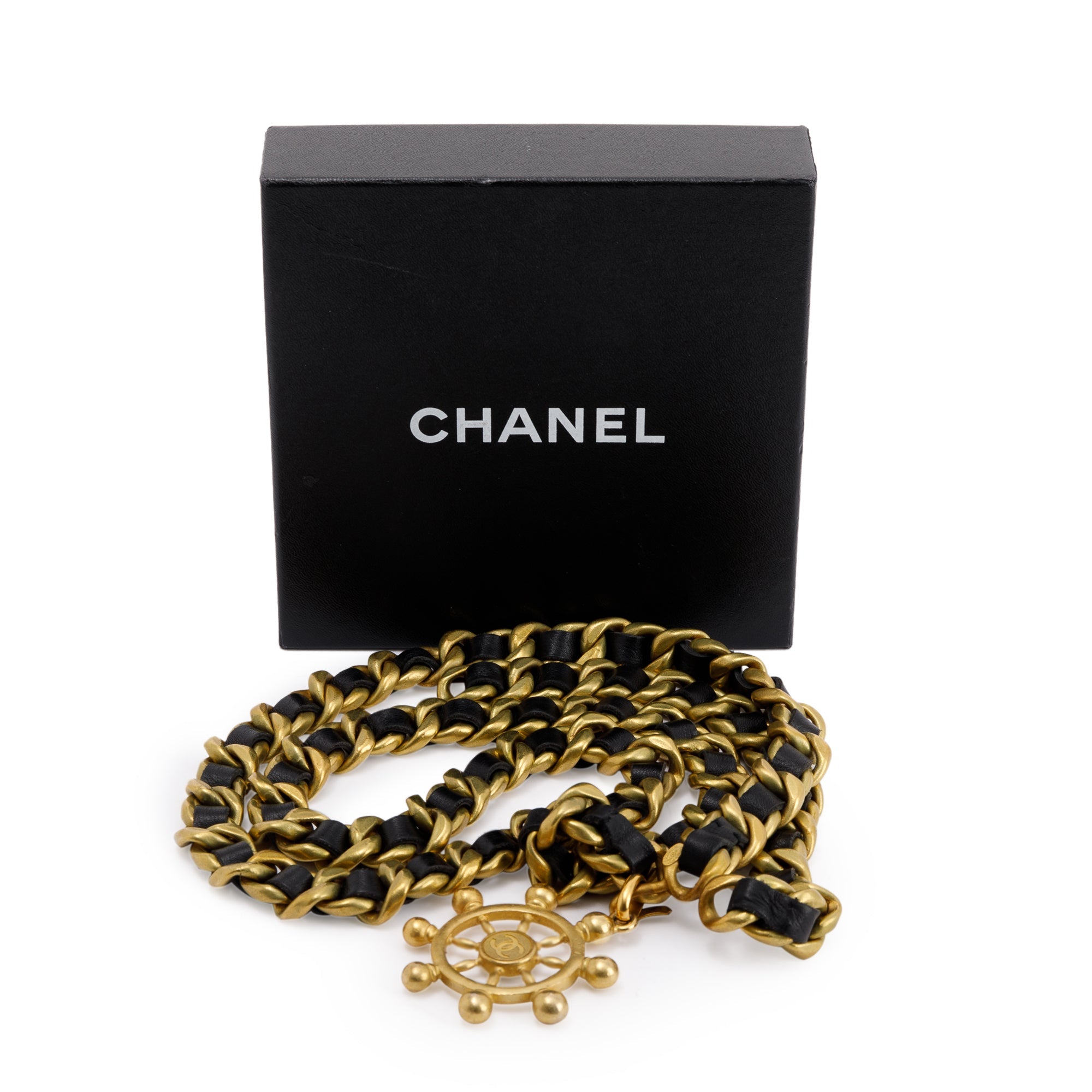 Chanel Vintage CC Ship Wheel Chain-Link & Leather Belt w/ Box