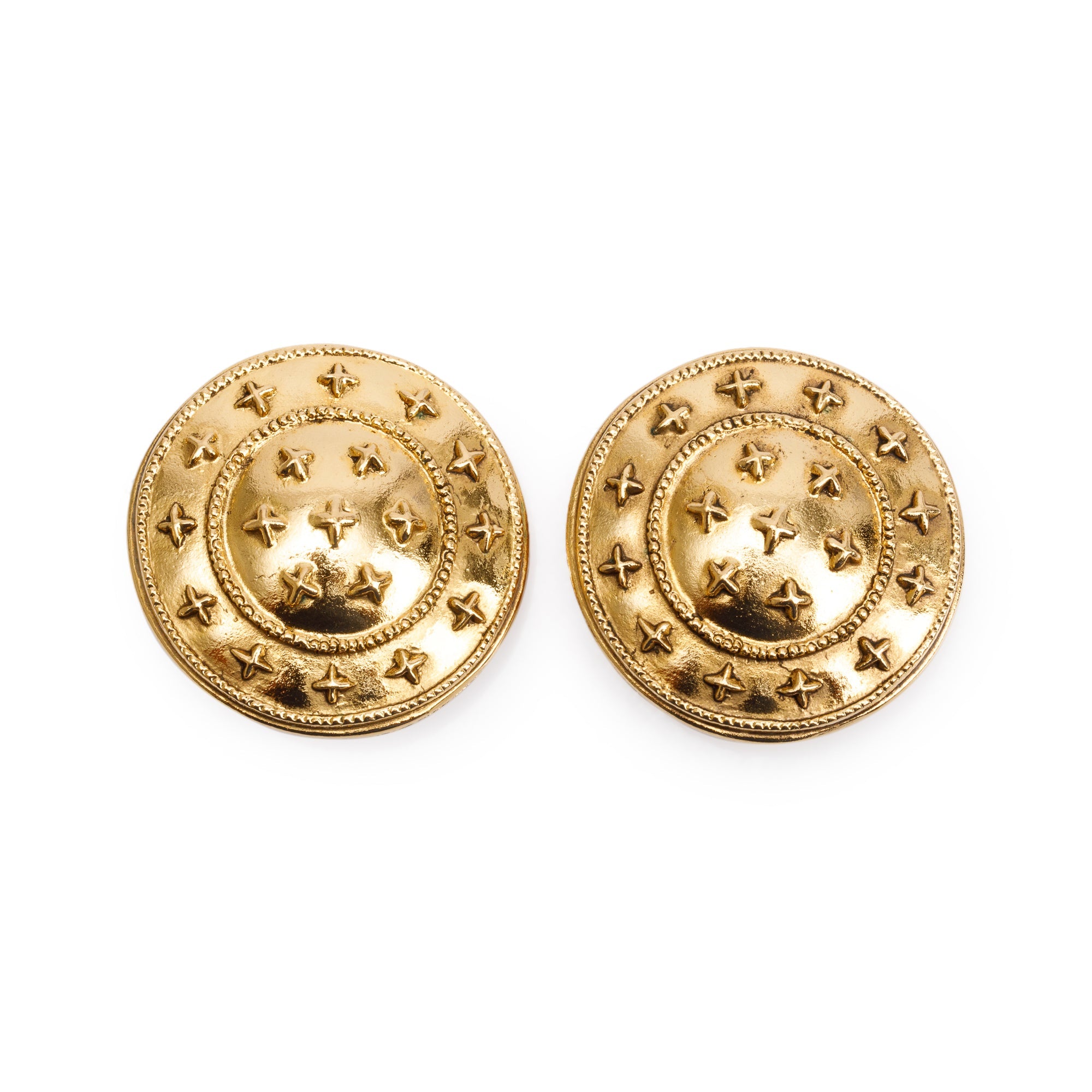 Chanel Vintage Gold Plated Coco Star Round Clip On Earrings