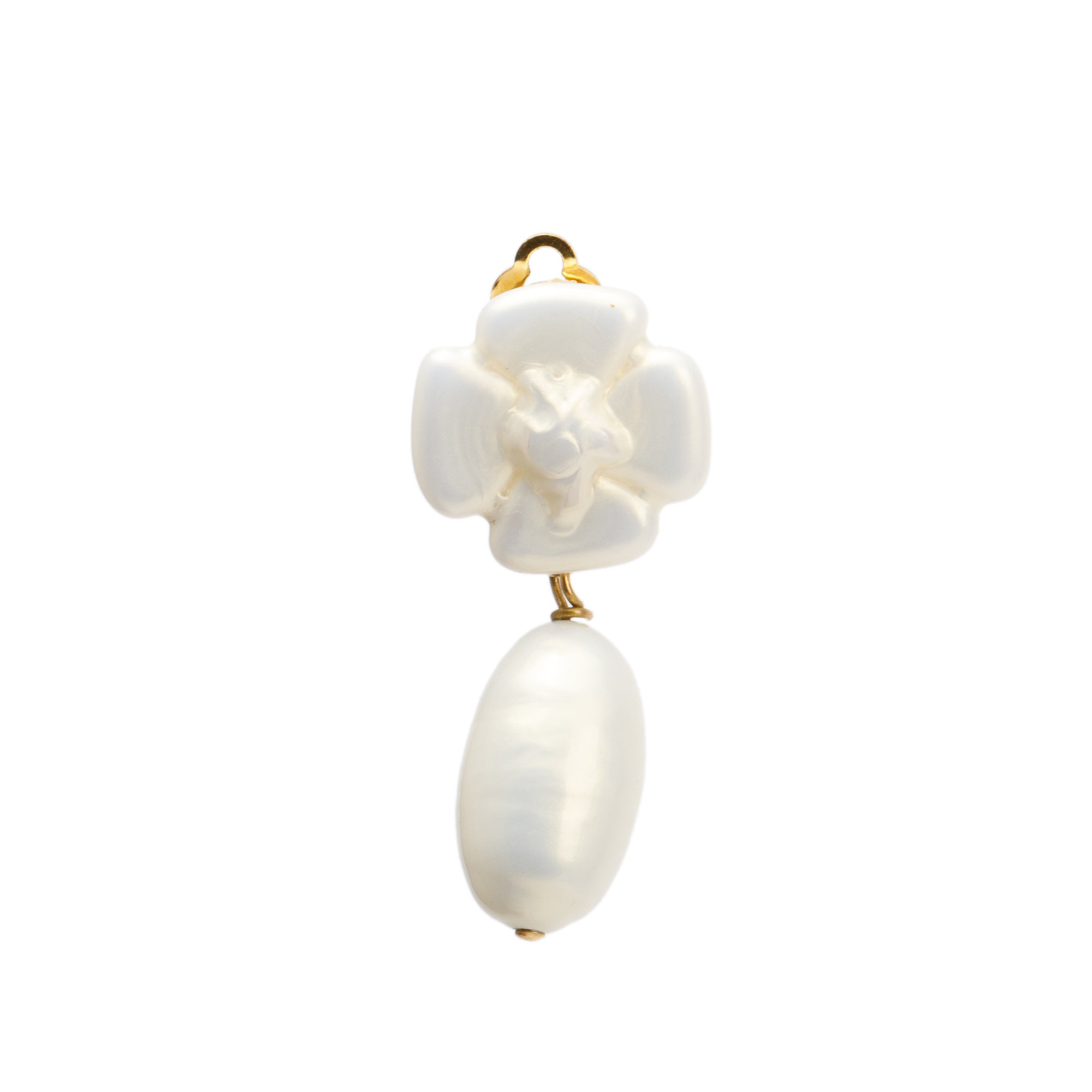 Chanel Vintage Gold Plated Faux Pearl Camelia Drop Clip-On Earrings