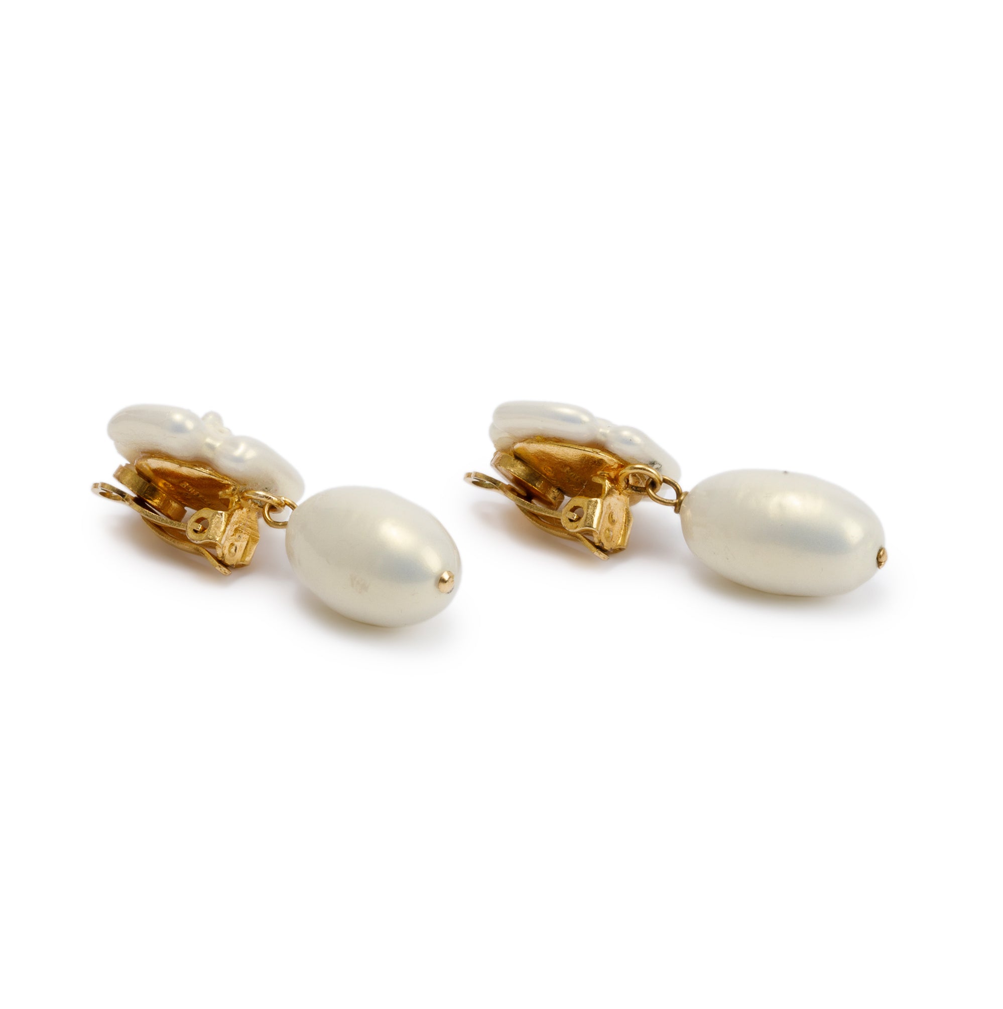 Chanel Vintage Gold Plated Faux Pearl Camelia Drop Clip-On Earrings