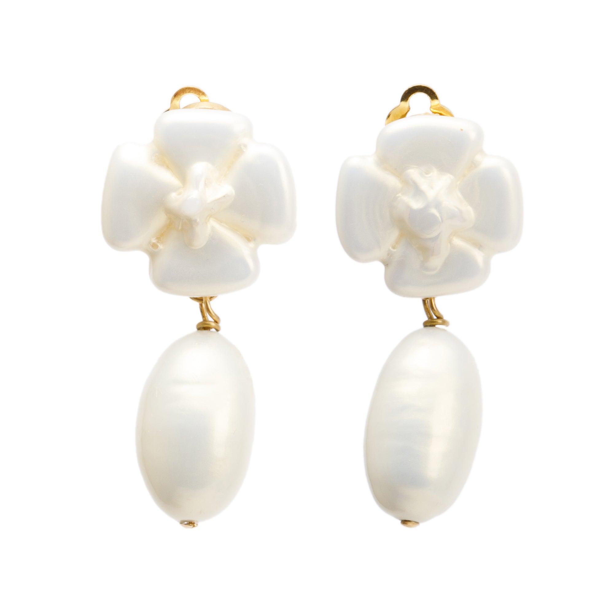 Chanel Vintage Gold Plated Faux Pearl Camelia Drop Clip-On Earrings