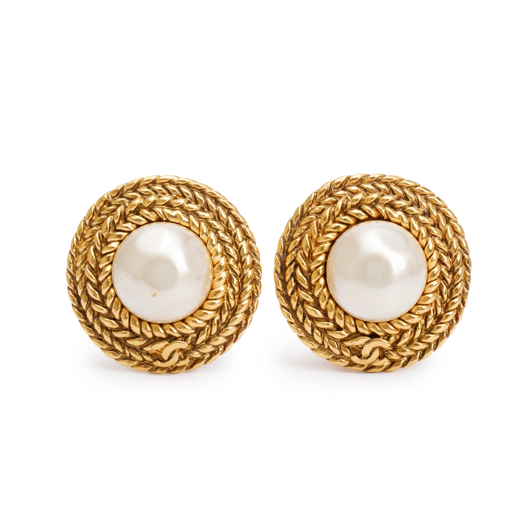 Chanel Vintage Gold Plated Faux Pearl Clip On Earrings w/ Box