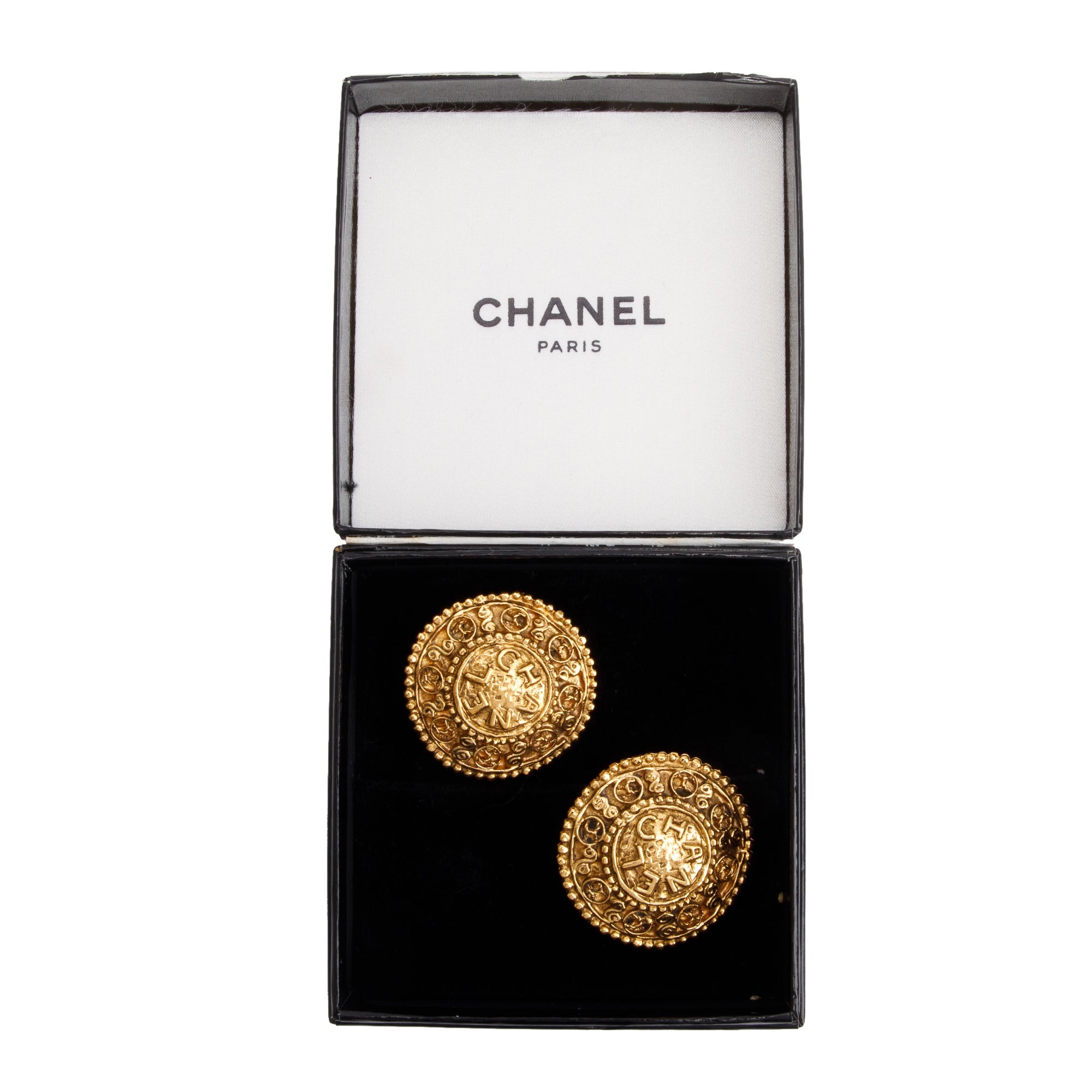 Chanel Vintage Gold Plated Logo Round Clip-On Earrings w/ Box