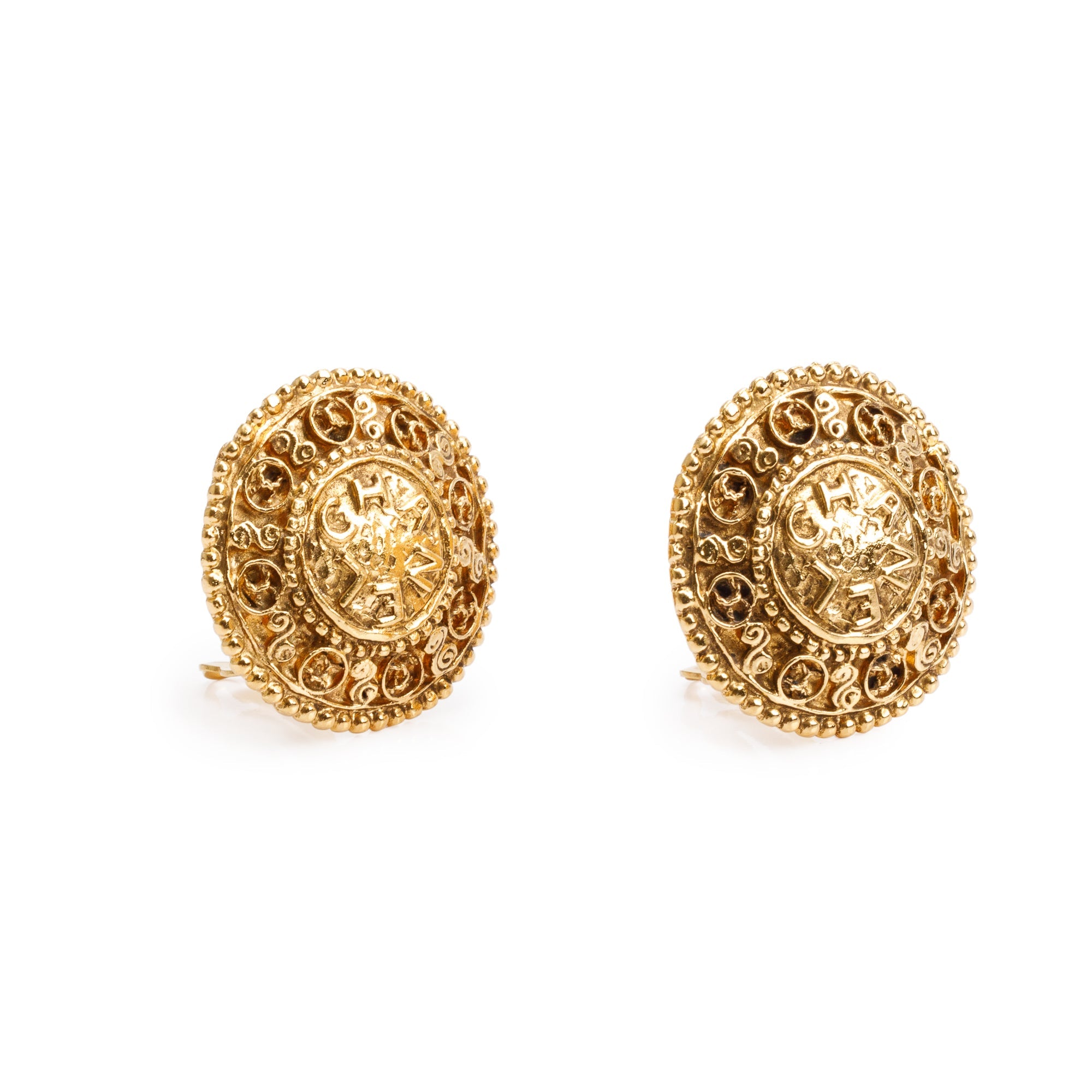 Chanel Vintage Gold Plated Logo Round Clip-On Earrings w/ Box
