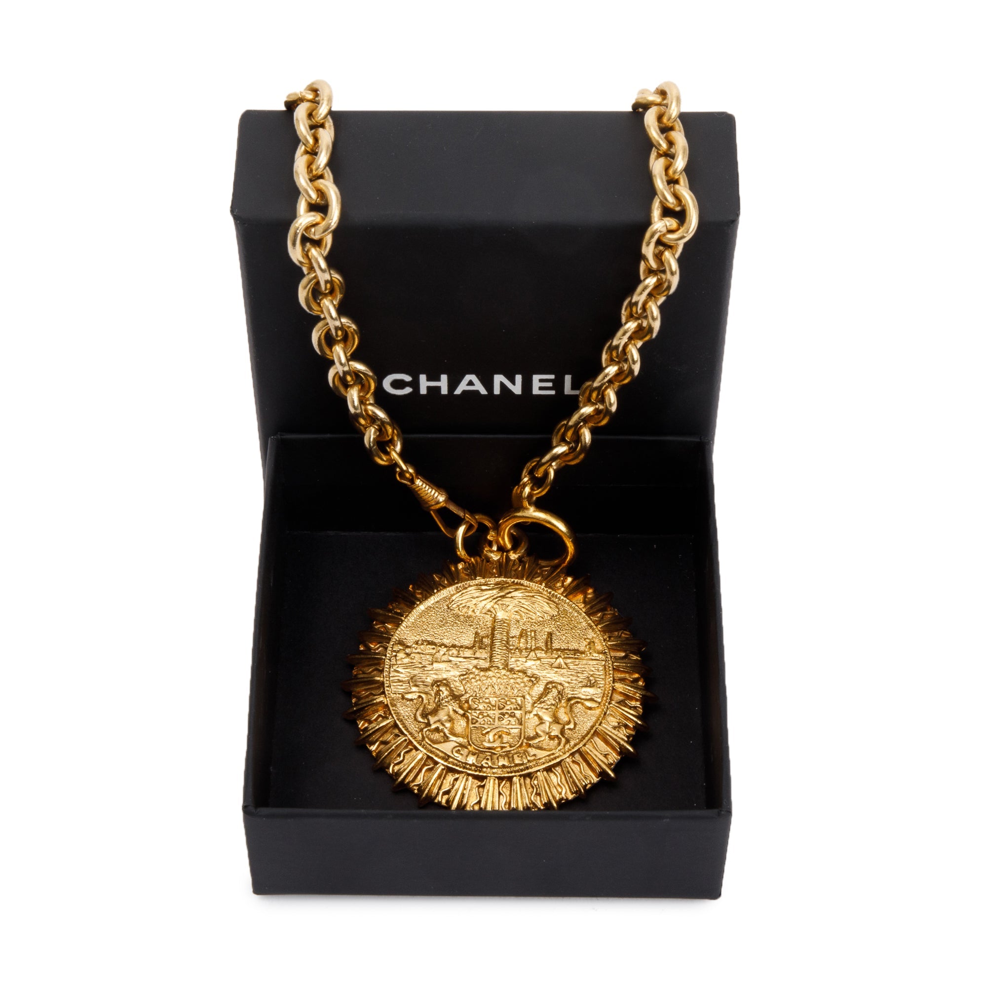 Chanel Vintage Gold-Plated Medallion Coat of Arms Pendant Necklace w/ Box