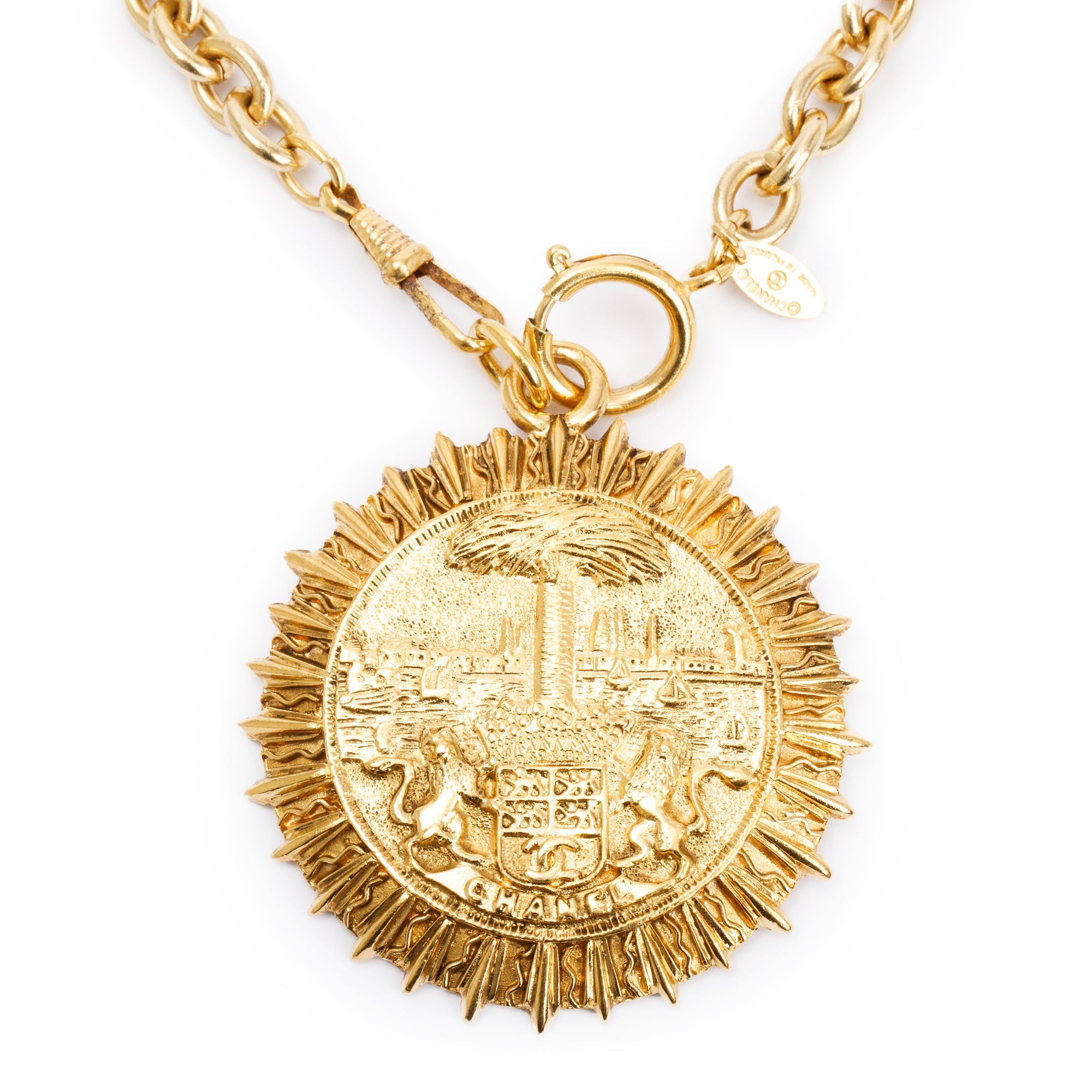 Chanel Vintage Gold-Plated Medallion Coat of Arms Pendant Necklace w/ Box