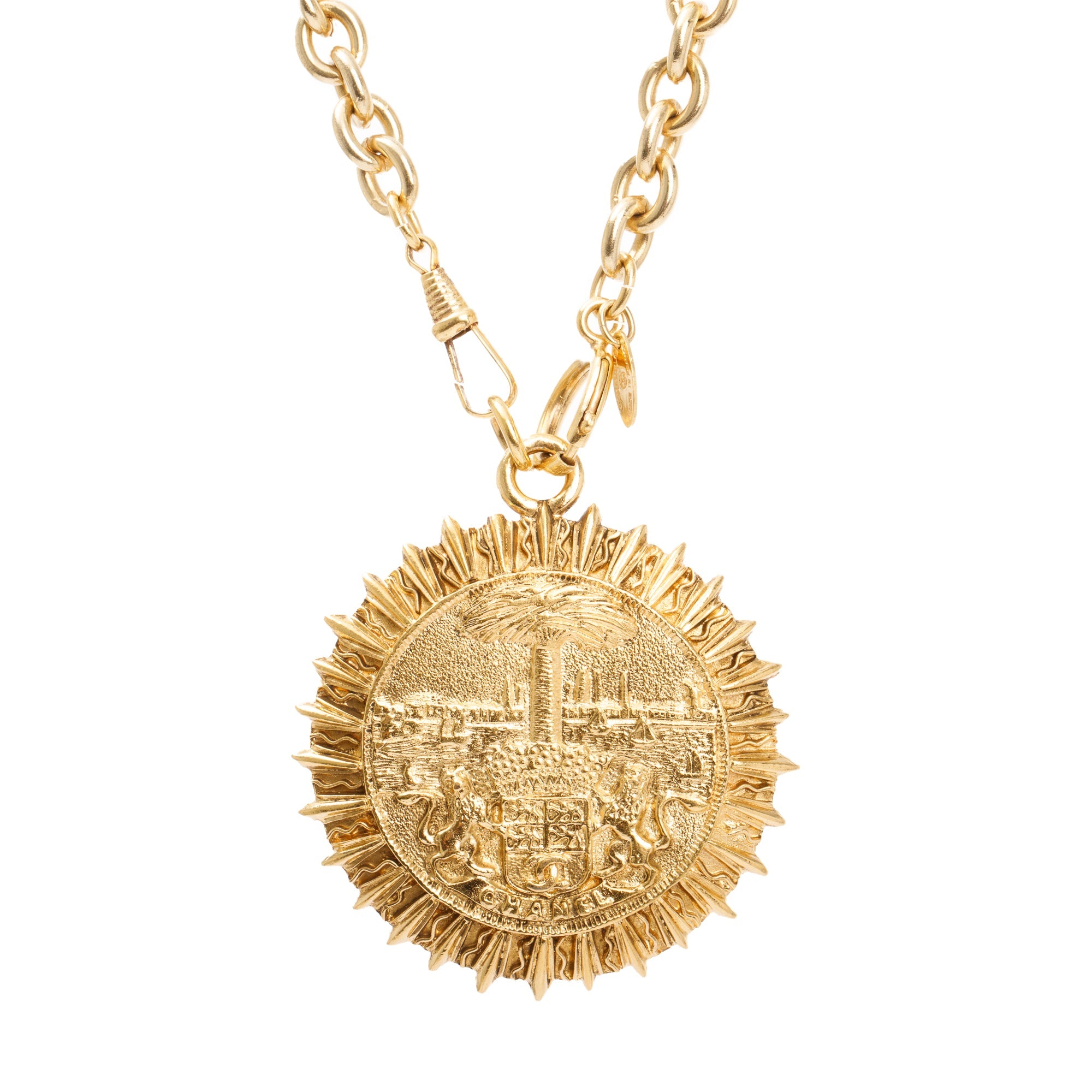 Chanel Vintage Gold-Plated Medallion Coat of Arms Pendant Necklace w/ Box