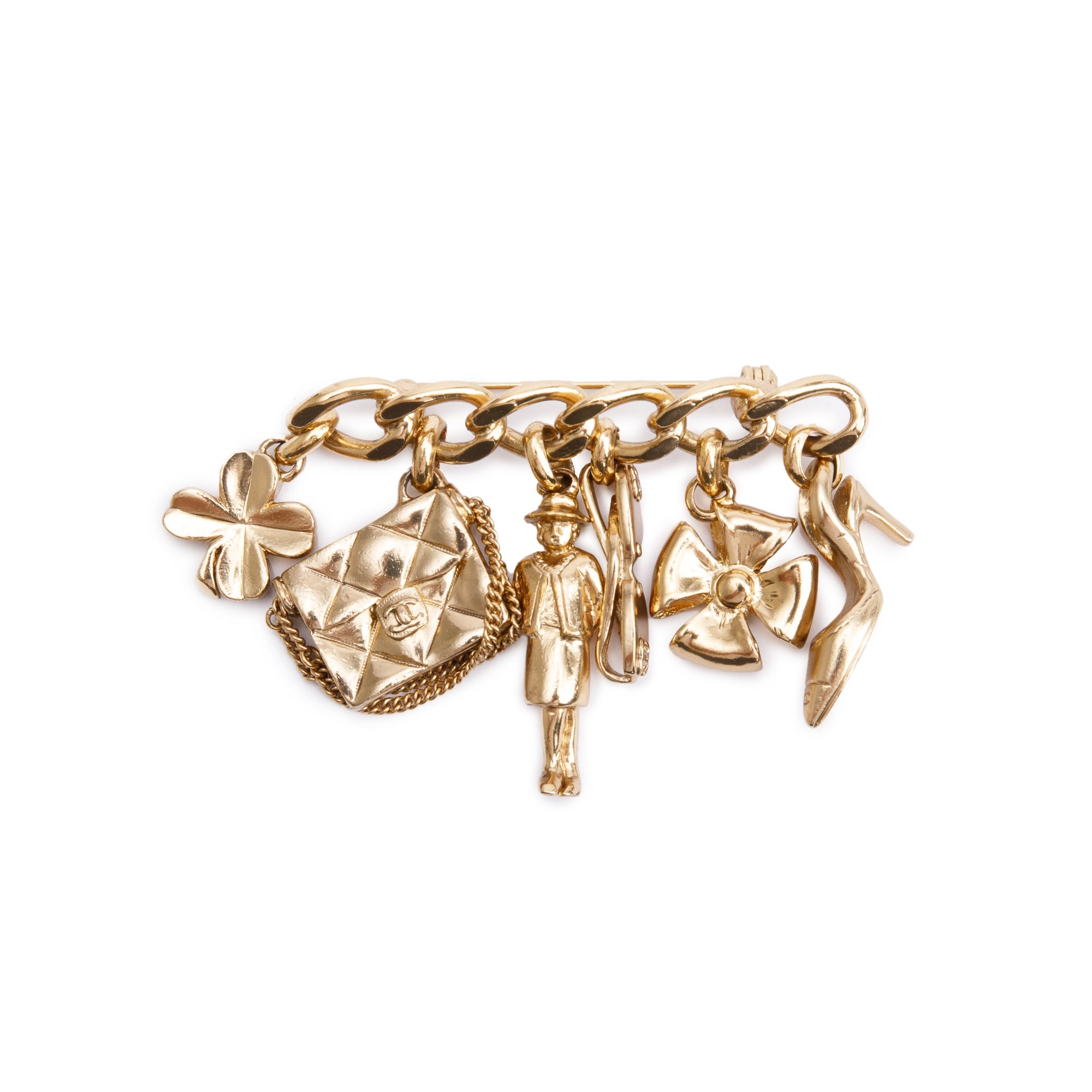 Chanel Vintage Gold Plated Multi-Charm Pin Brooch w/ Box