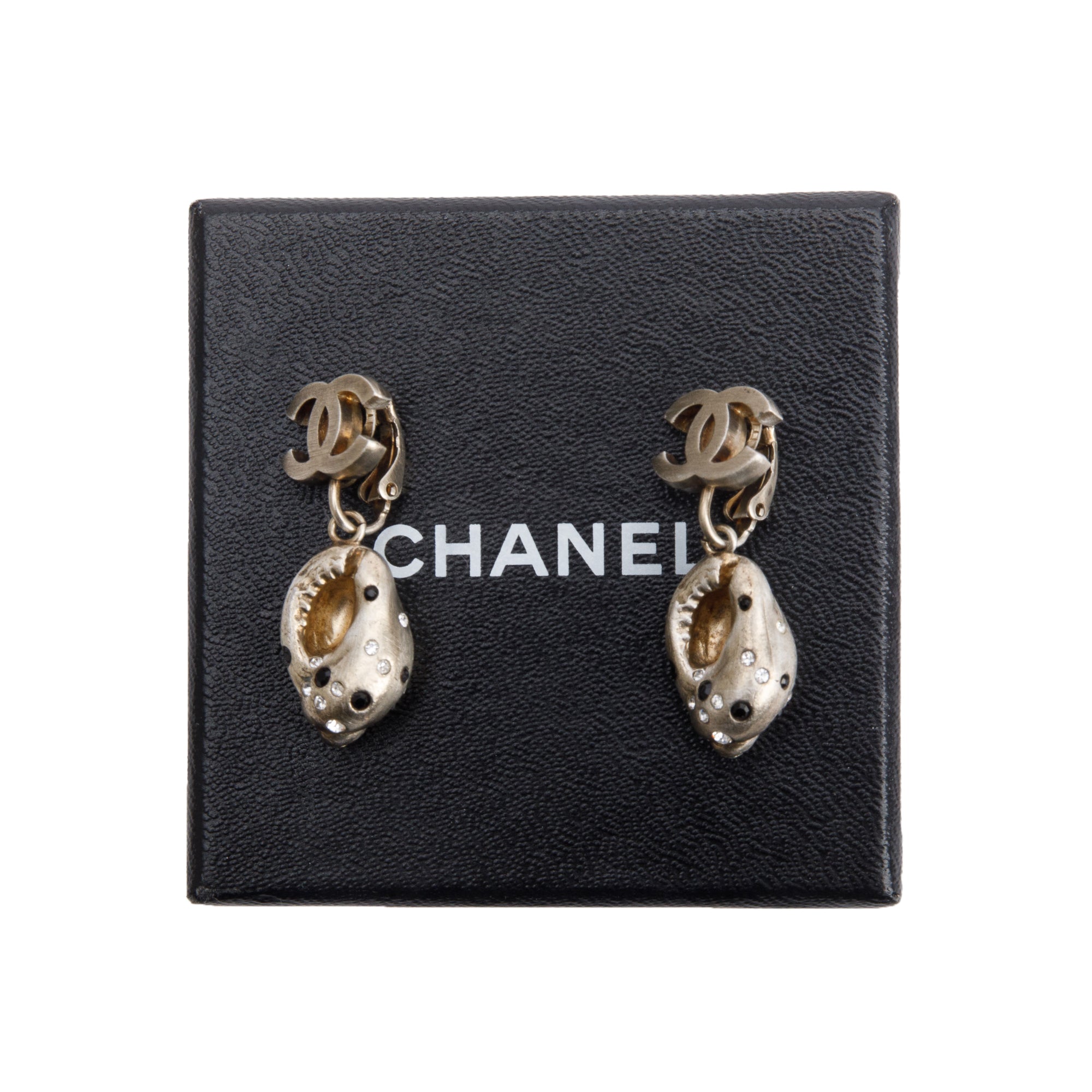 Chanel Vintage Gold Plated Silver Strass Shell CC Clip On Drop Earrings w/ Box