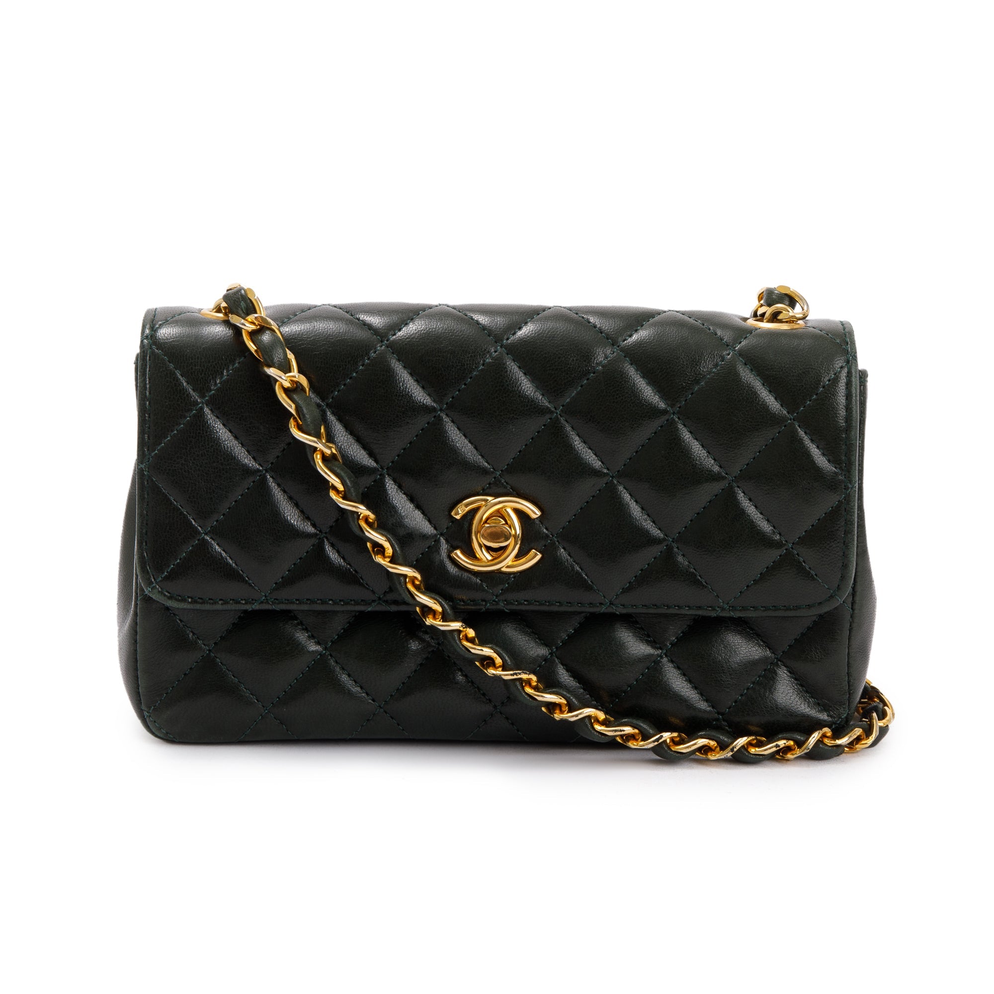 Chanel Vintage Green Quilted Lambskin Classic Mini Rectangular Flap Bag w/ Authenticity Card