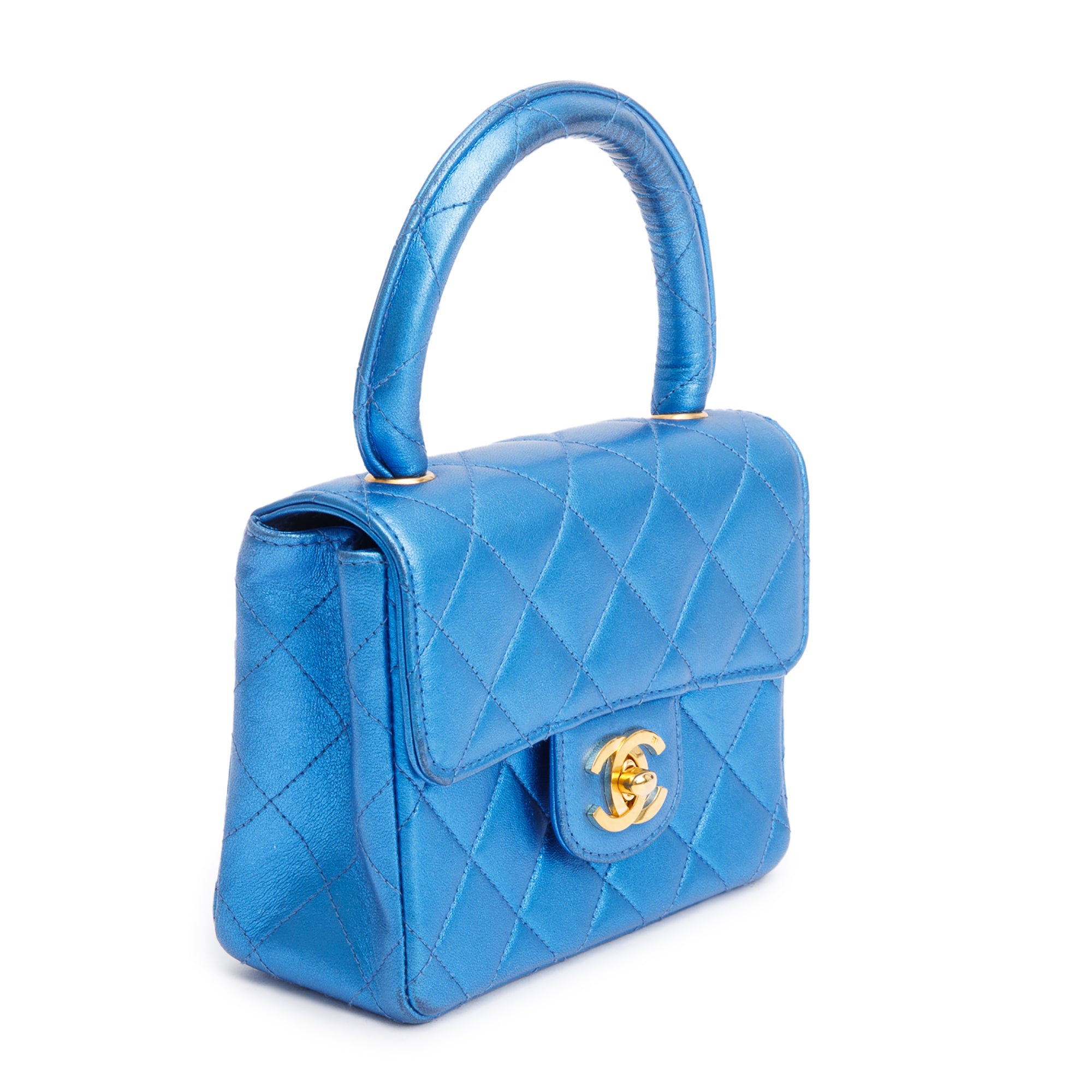 Chanel Vintage Metallic Blue Shiny Aged Calfskin Leather Mini Kelly Flap Bag w/ Authenticity Card