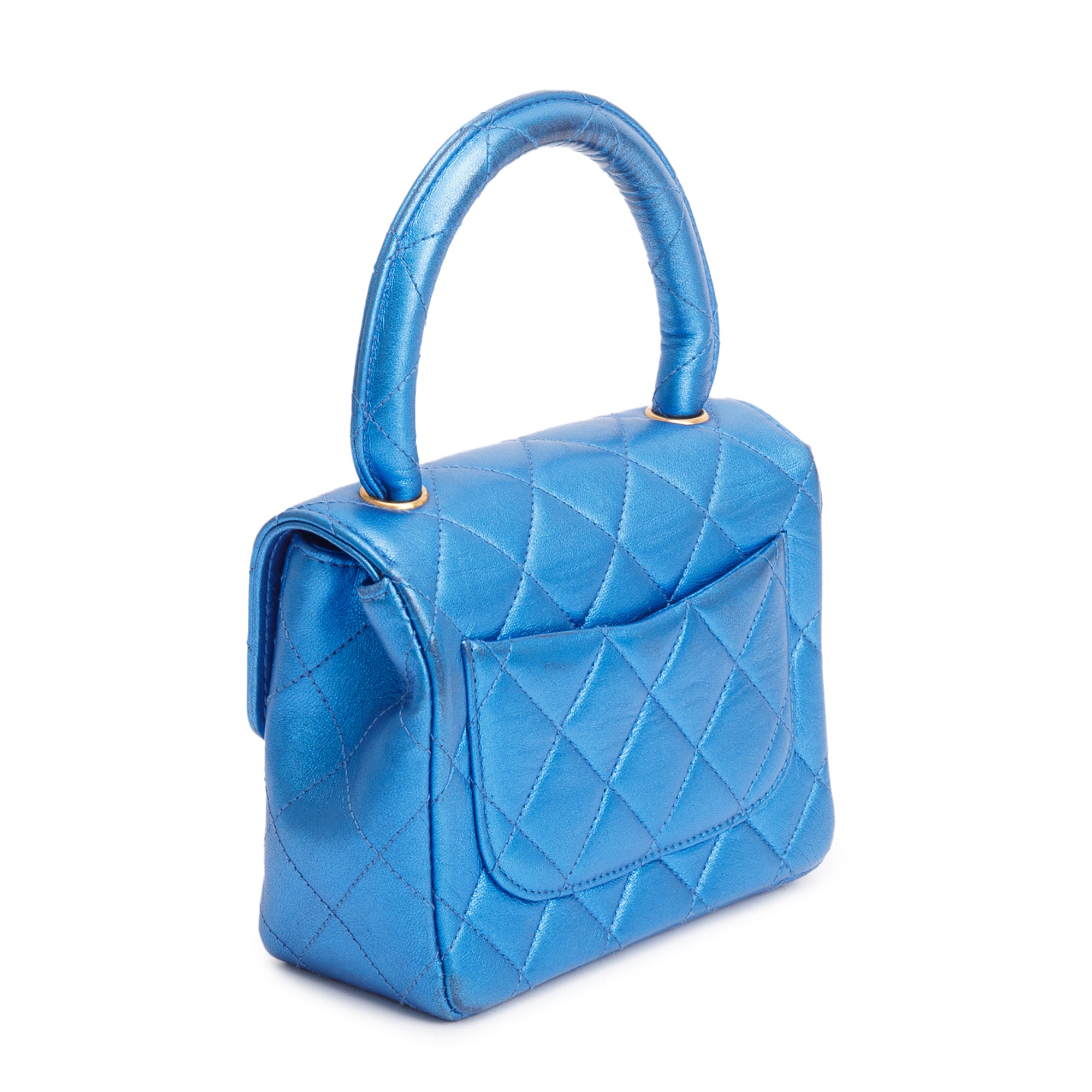 Chanel Vintage Metallic Blue Shiny Aged Calfskin Leather Mini Kelly Flap Bag w/ Authenticity Card