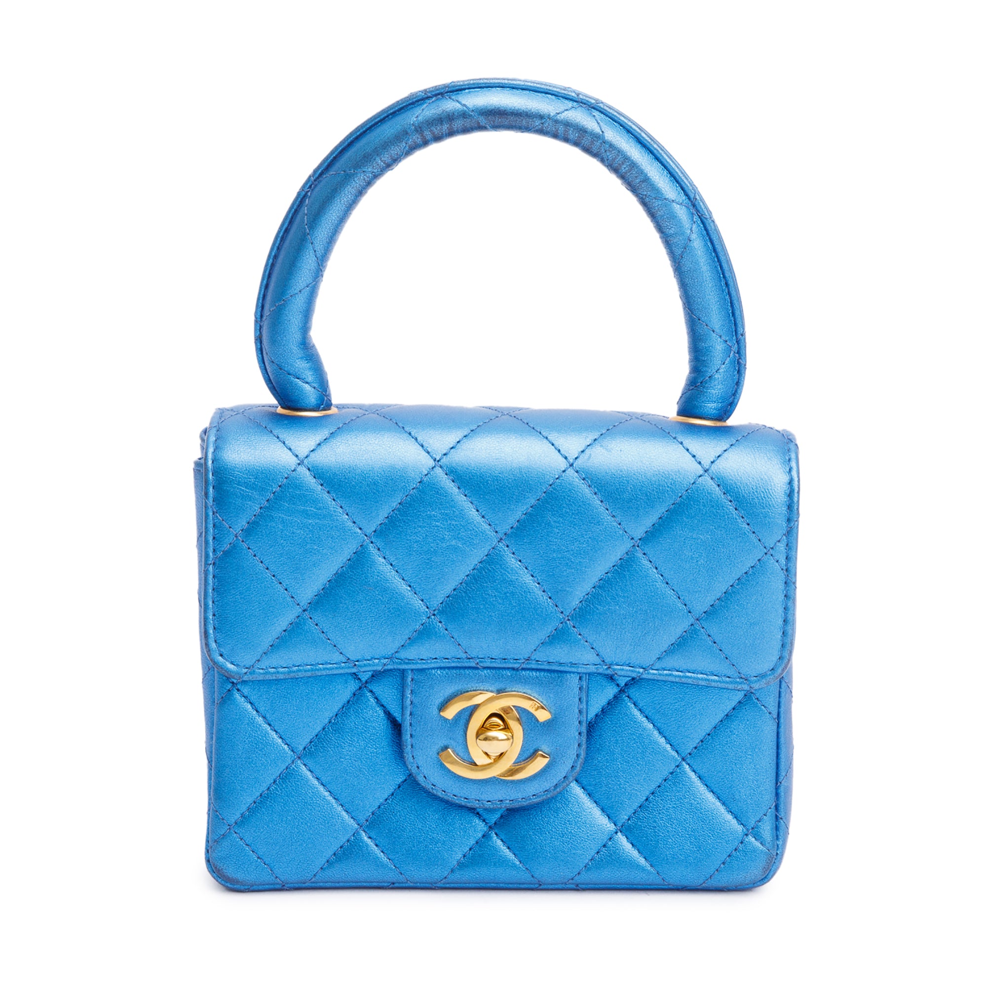 Chanel Vintage Metallic Blue Shiny Aged Calfskin Leather Mini Kelly Flap Bag w/ Authenticity Card
