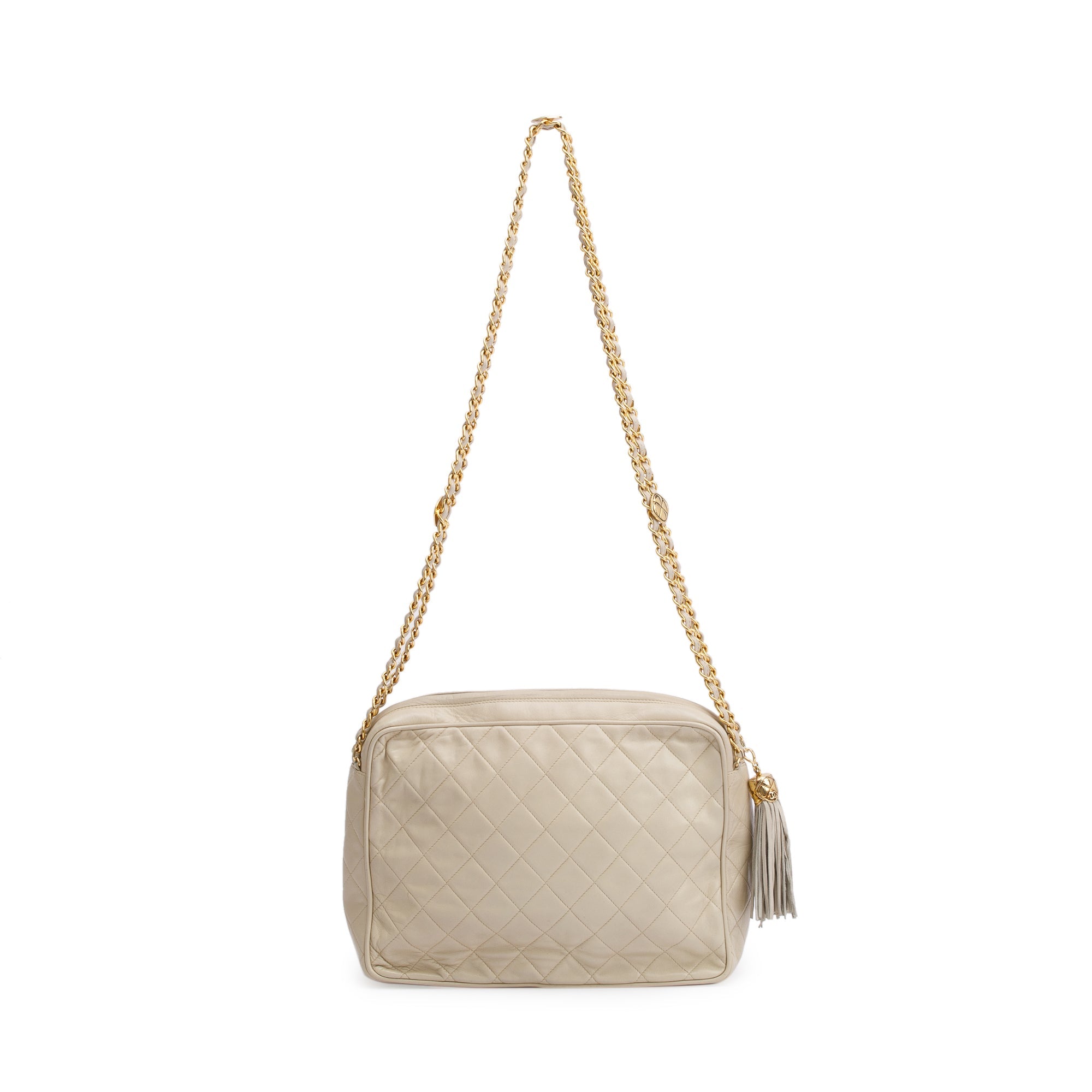 Chanel Vintage Neutral Quilted Lambskin Leather CC Tassel Camera Bag