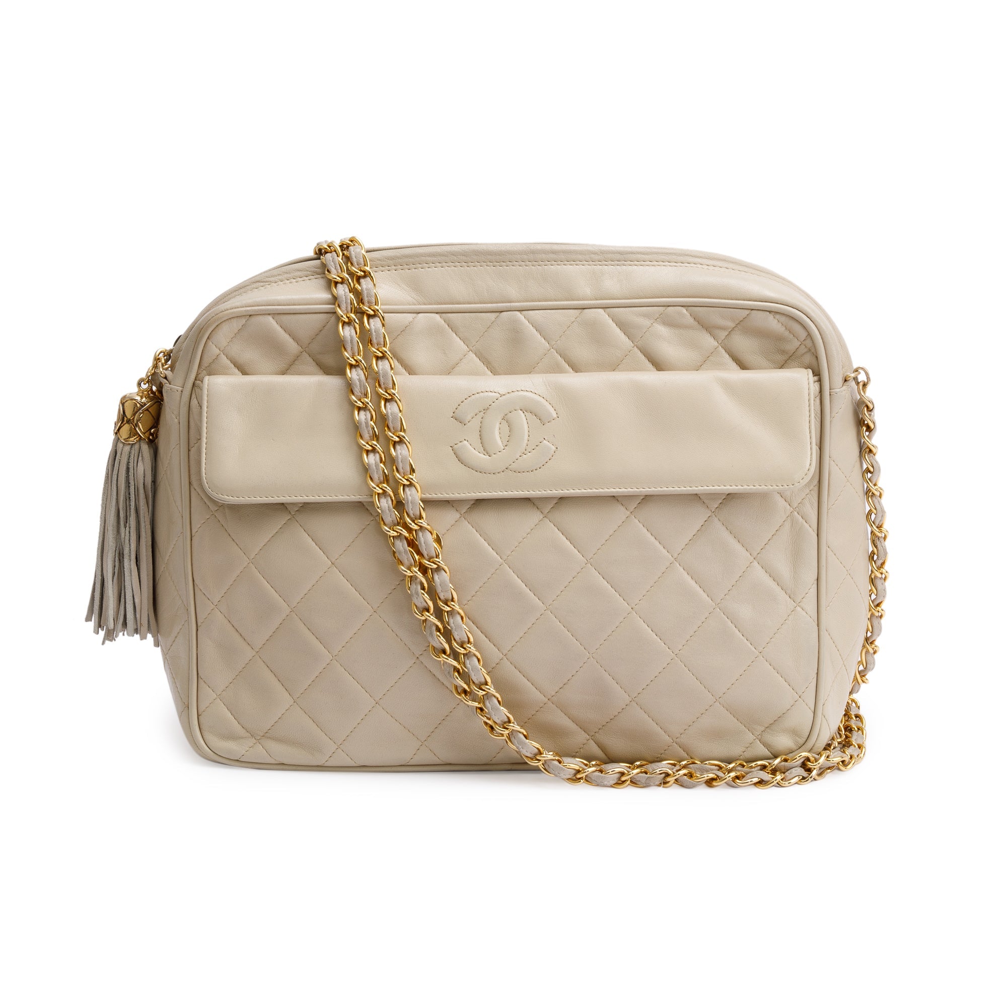 Chanel Vintage Neutral Quilted Lambskin Leather CC Tassel Camera Bag