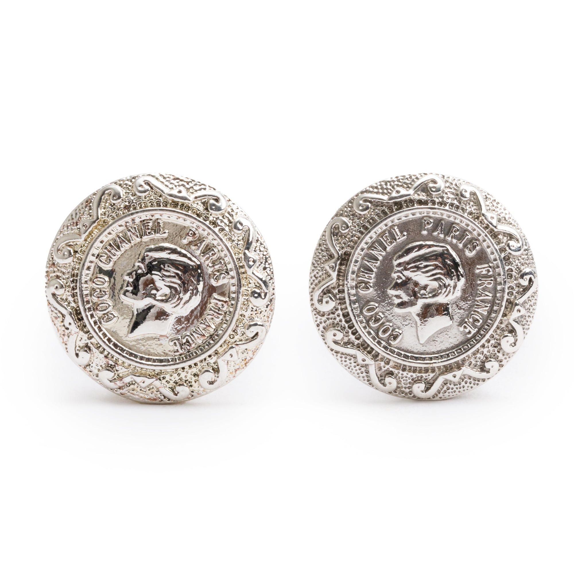 Chanel Vintage Palladium Plated Coco Chanel Clip-On Earrings