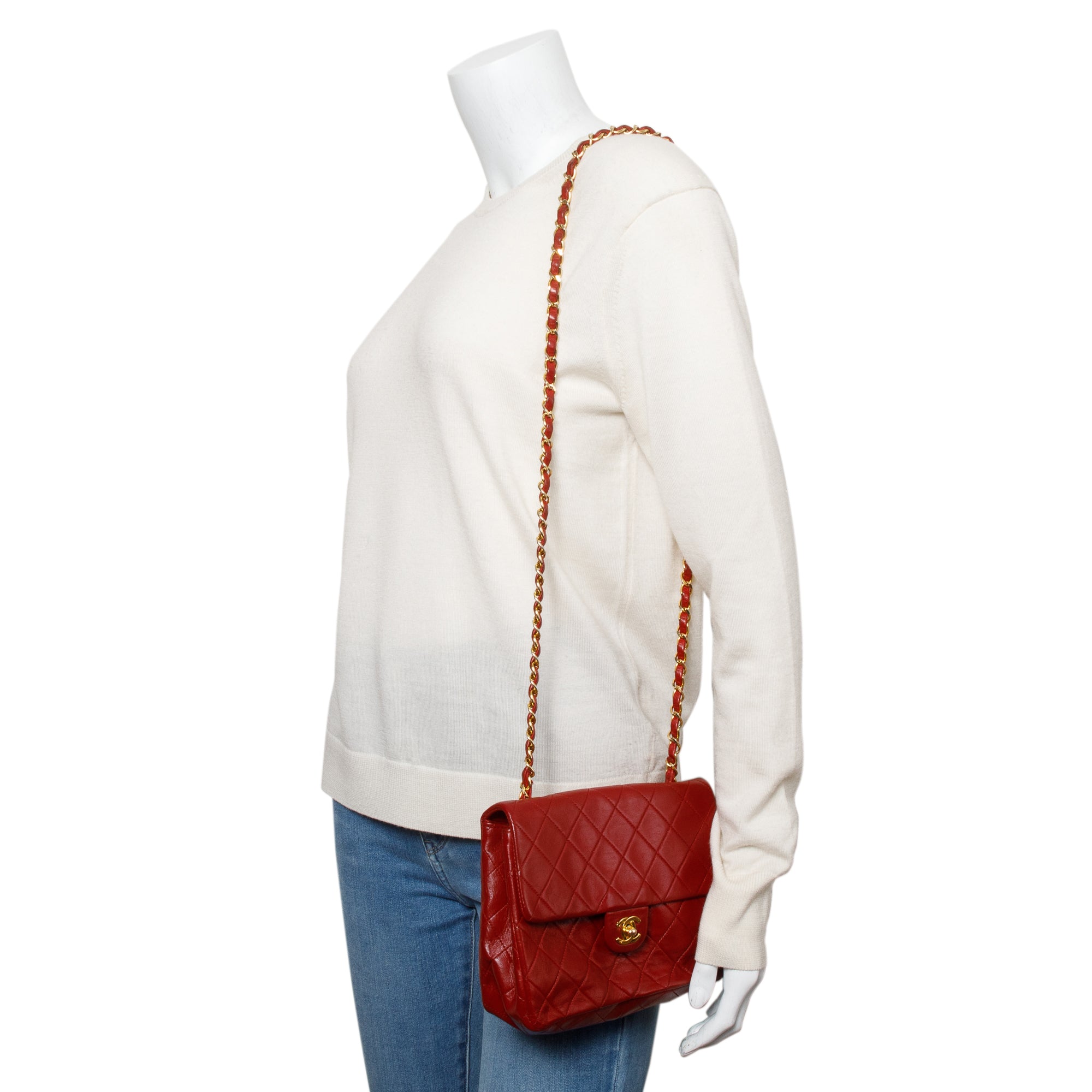 Chanel Vintage Red Quilted Calfskin Leather Small Square Single Flap Bag