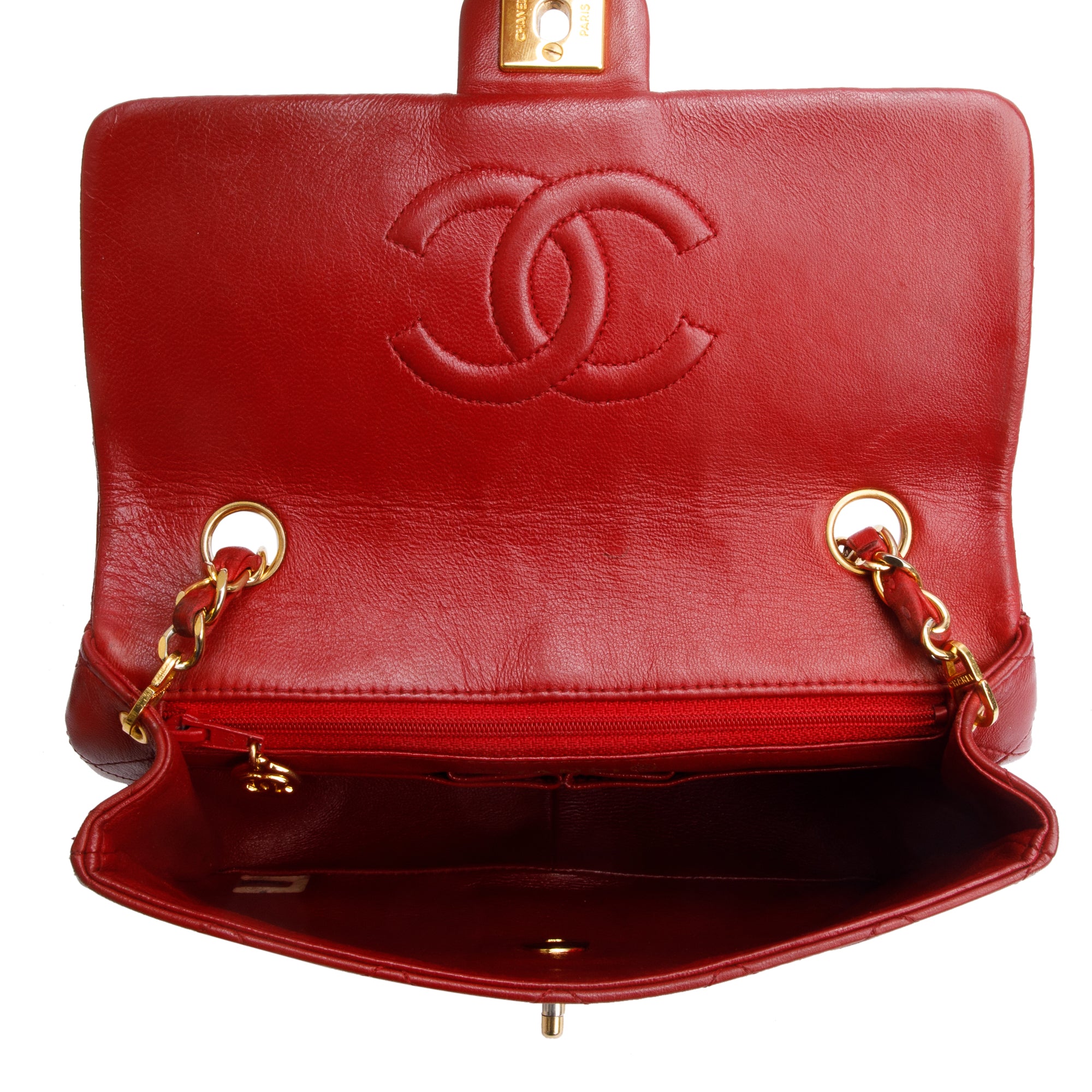Chanel Vintage Red Quilted Calfskin Leather Small Square Single Flap Bag