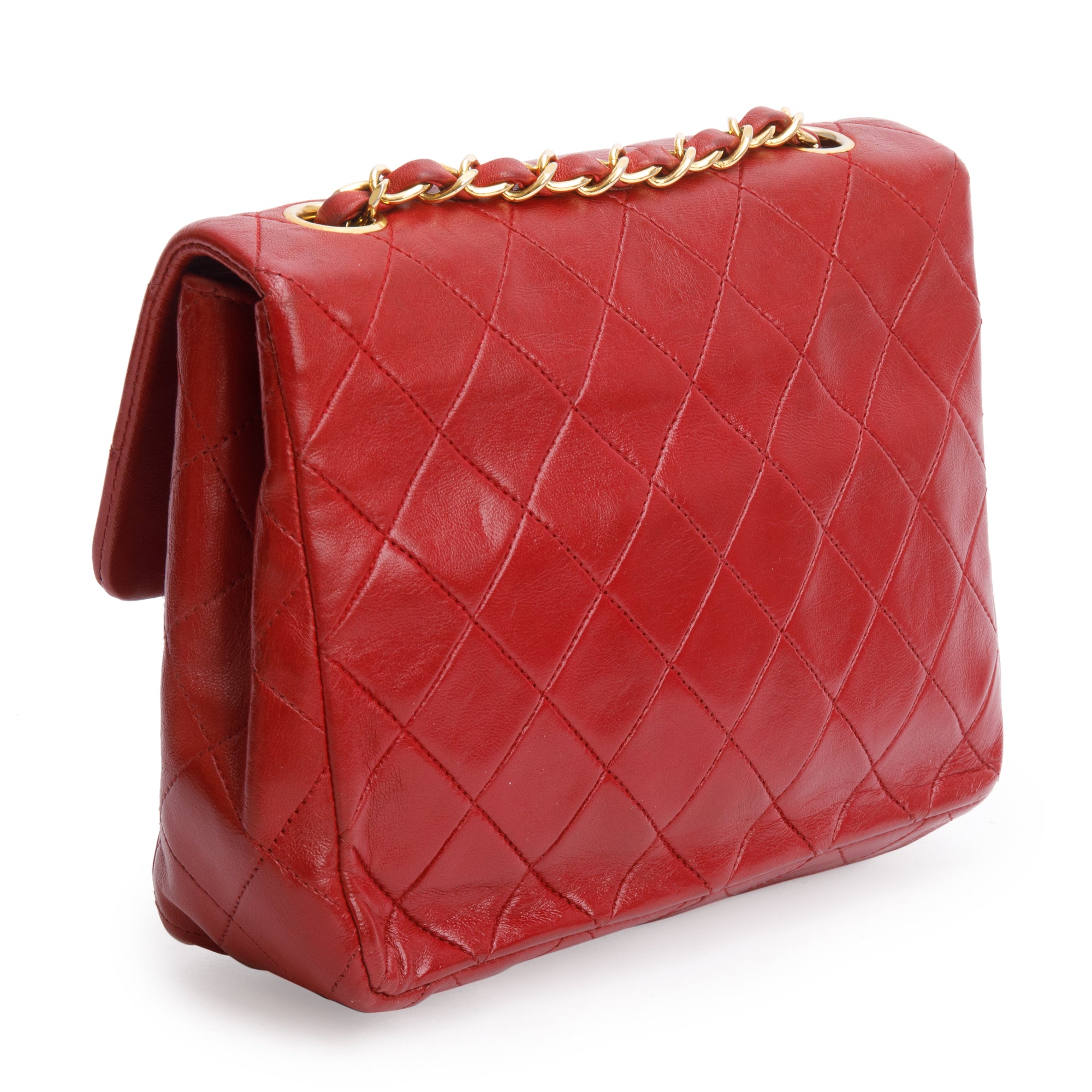 Chanel Vintage Red Quilted Calfskin Leather Small Square Single Flap Bag
