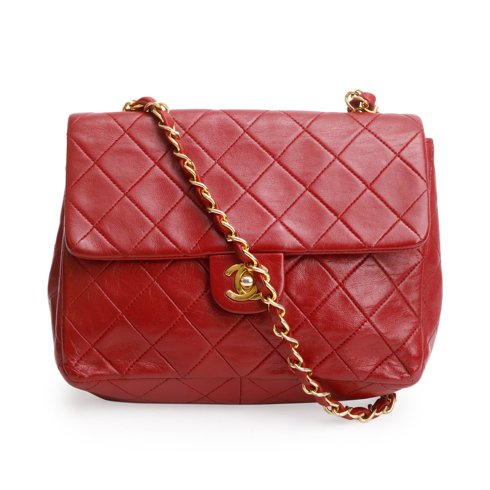 Chanel Vintage Red Quilted Calfskin Leather Small Square Single Flap Bag
