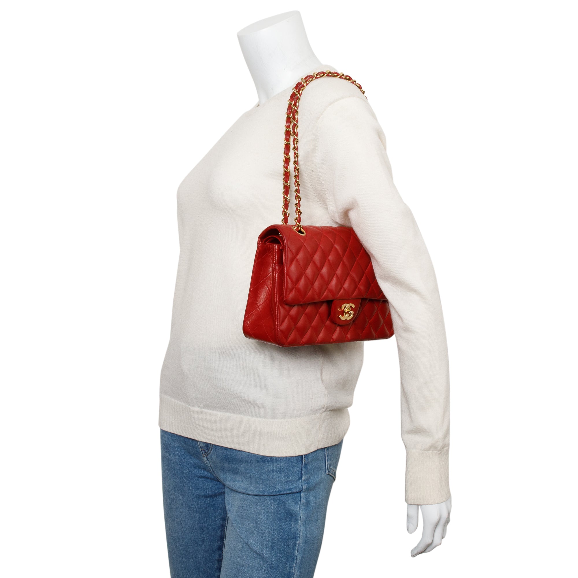 Chanel Vintage Red Quilted Lambskin Leather Classic Medium Double Flap Bag w/ Box & Authenticity Card