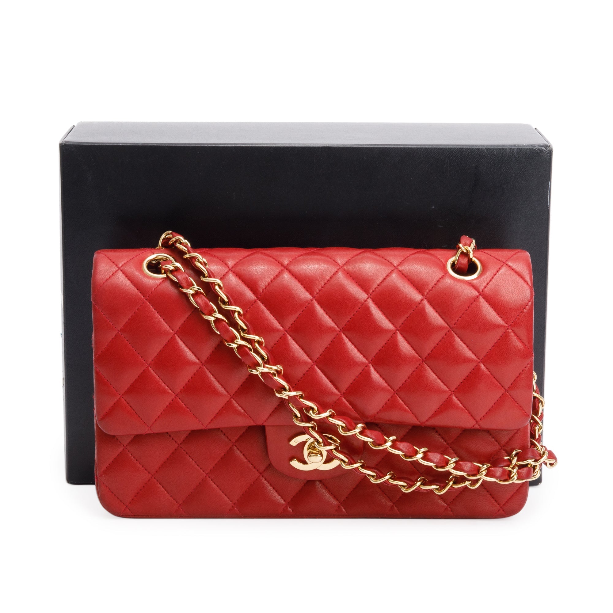 Chanel Vintage Red Quilted Lambskin Leather Classic Medium Double Flap Bag w/ Box & Authenticity Card