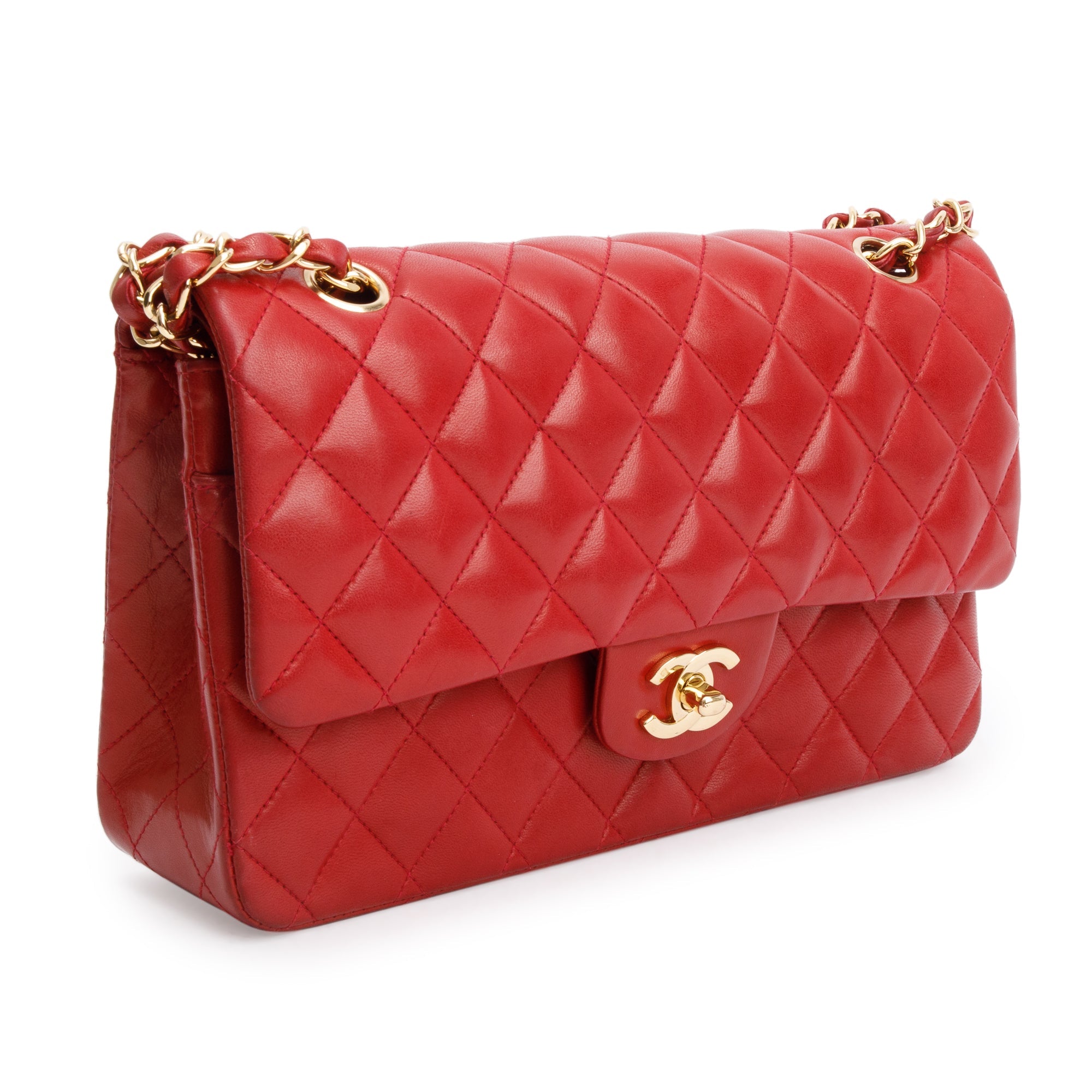Chanel Vintage Red Quilted Lambskin Leather Classic Medium Double Flap Bag w/ Box & Authenticity Card