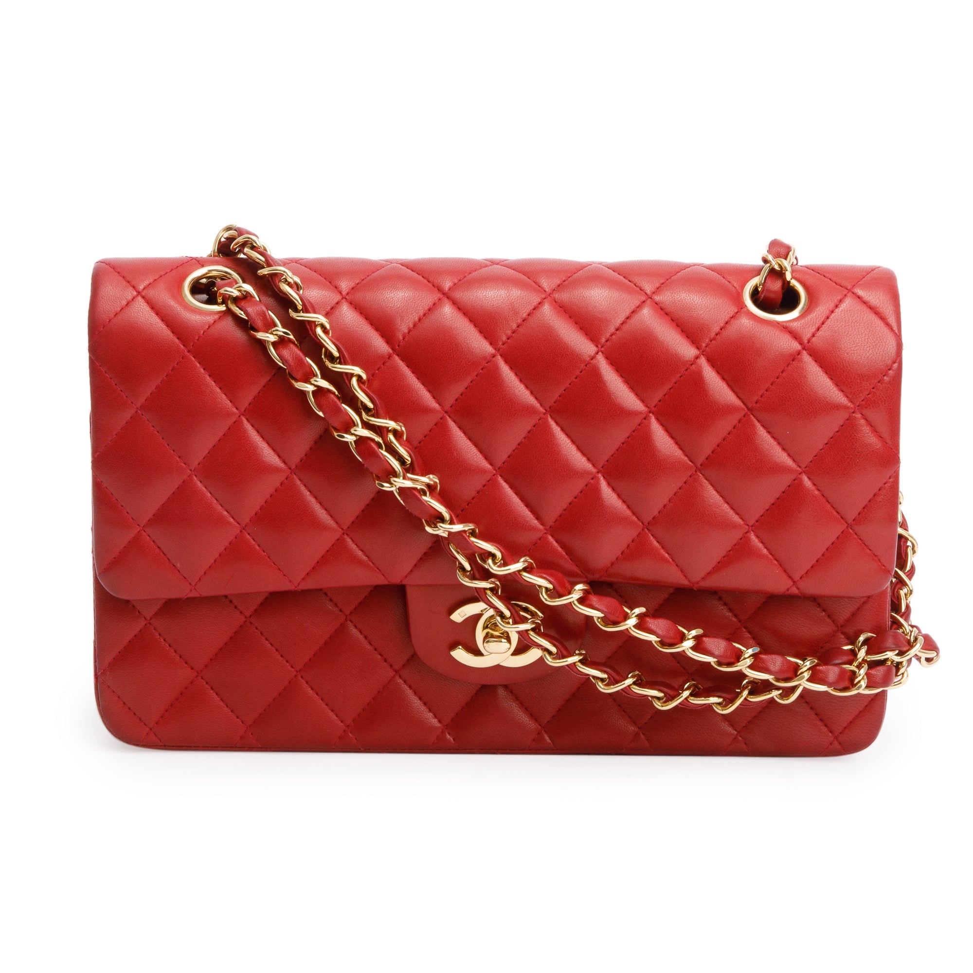 Chanel Vintage Red Quilted Lambskin Leather Classic Medium Double Flap Bag w/ Box & Authenticity Card