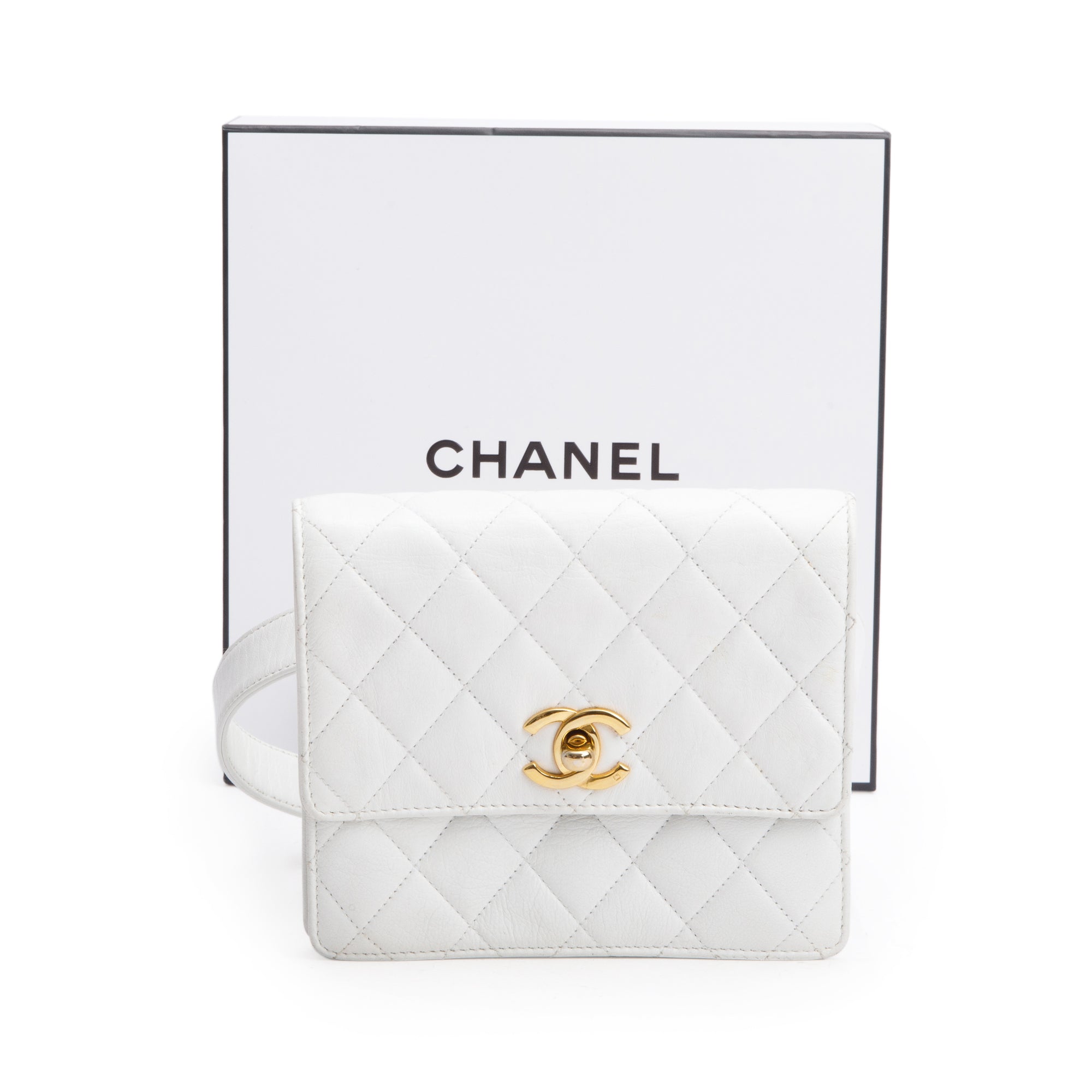 Chanel Vintage White Quilted Calfskin Leather Square Mini Flap Waist Bag, Size 70 w/ Box &Authenticity Card