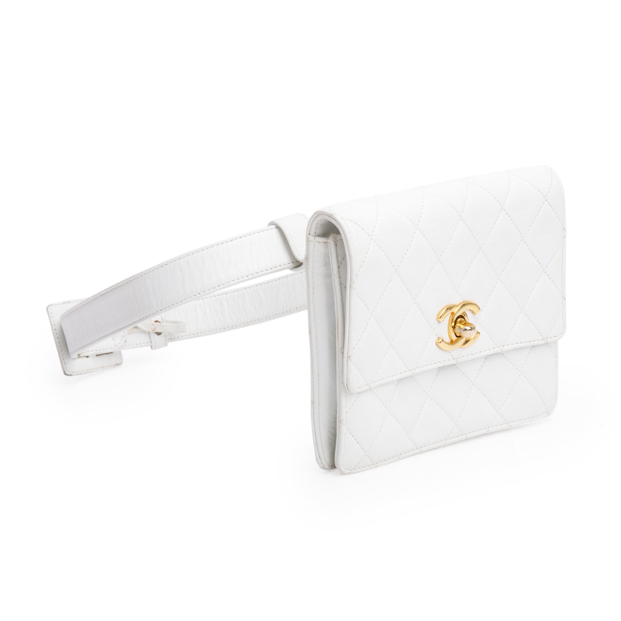 Chanel Vintage White Quilted Calfskin Leather Square Mini Flap Waist Bag, Size 70 w/ Box &Authenticity Card