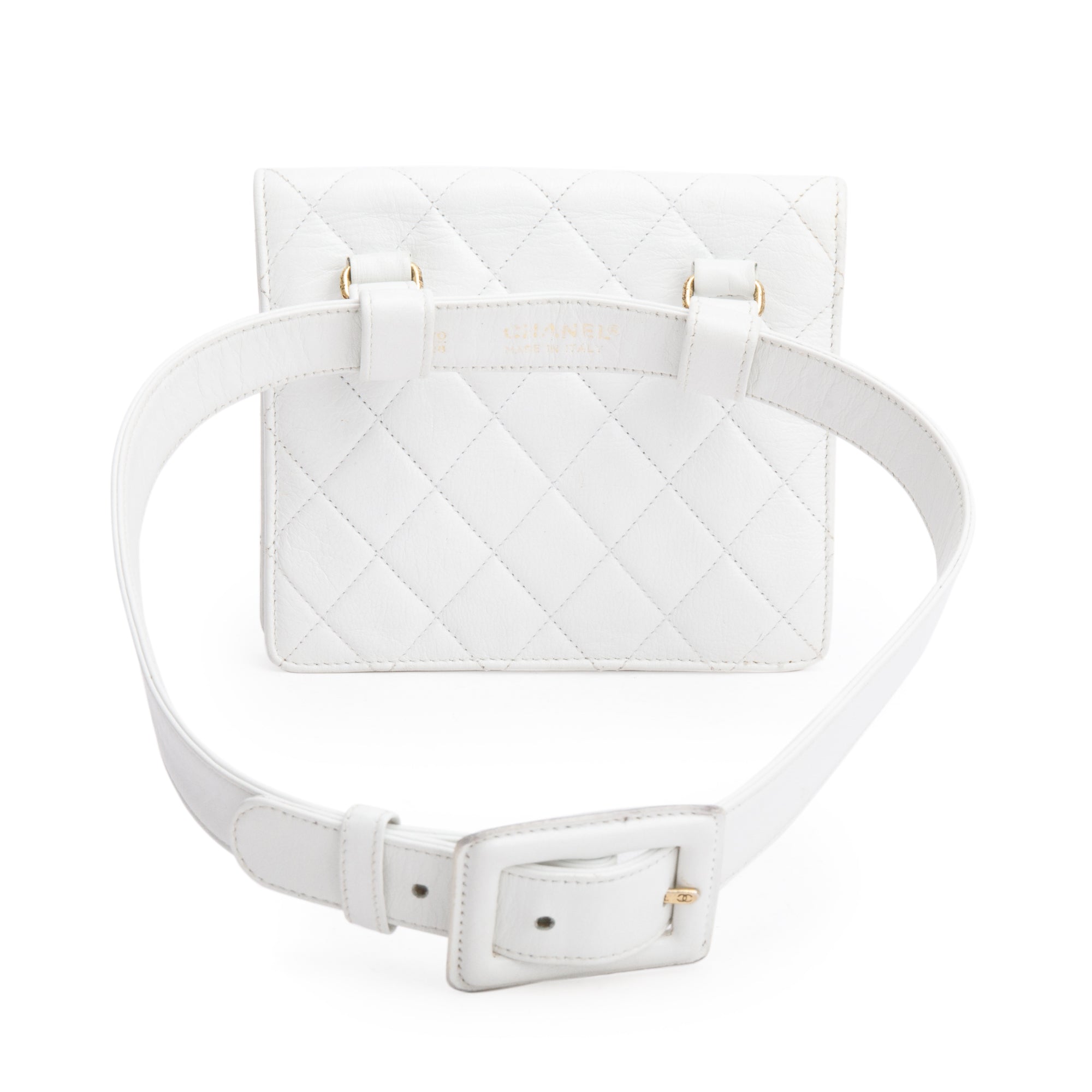 Chanel Vintage White Quilted Calfskin Leather Square Mini Flap Waist Bag, Size 70 w/ Box &Authenticity Card