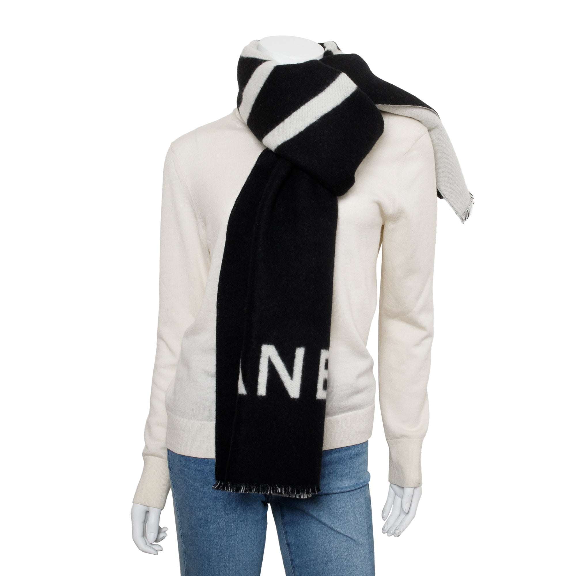 Chanel White & Black CC Logo Cashmere Scarf