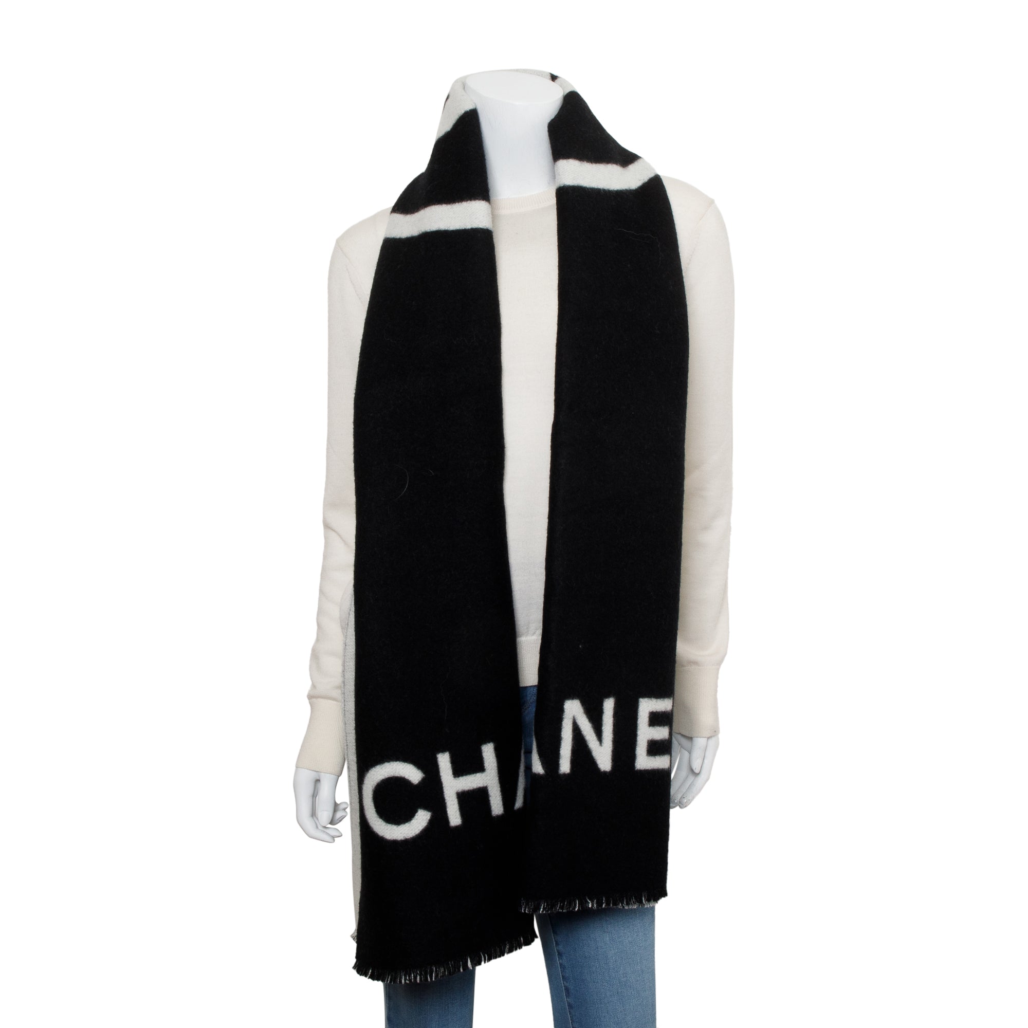 Chanel White & Black CC Logo Cashmere Scarf