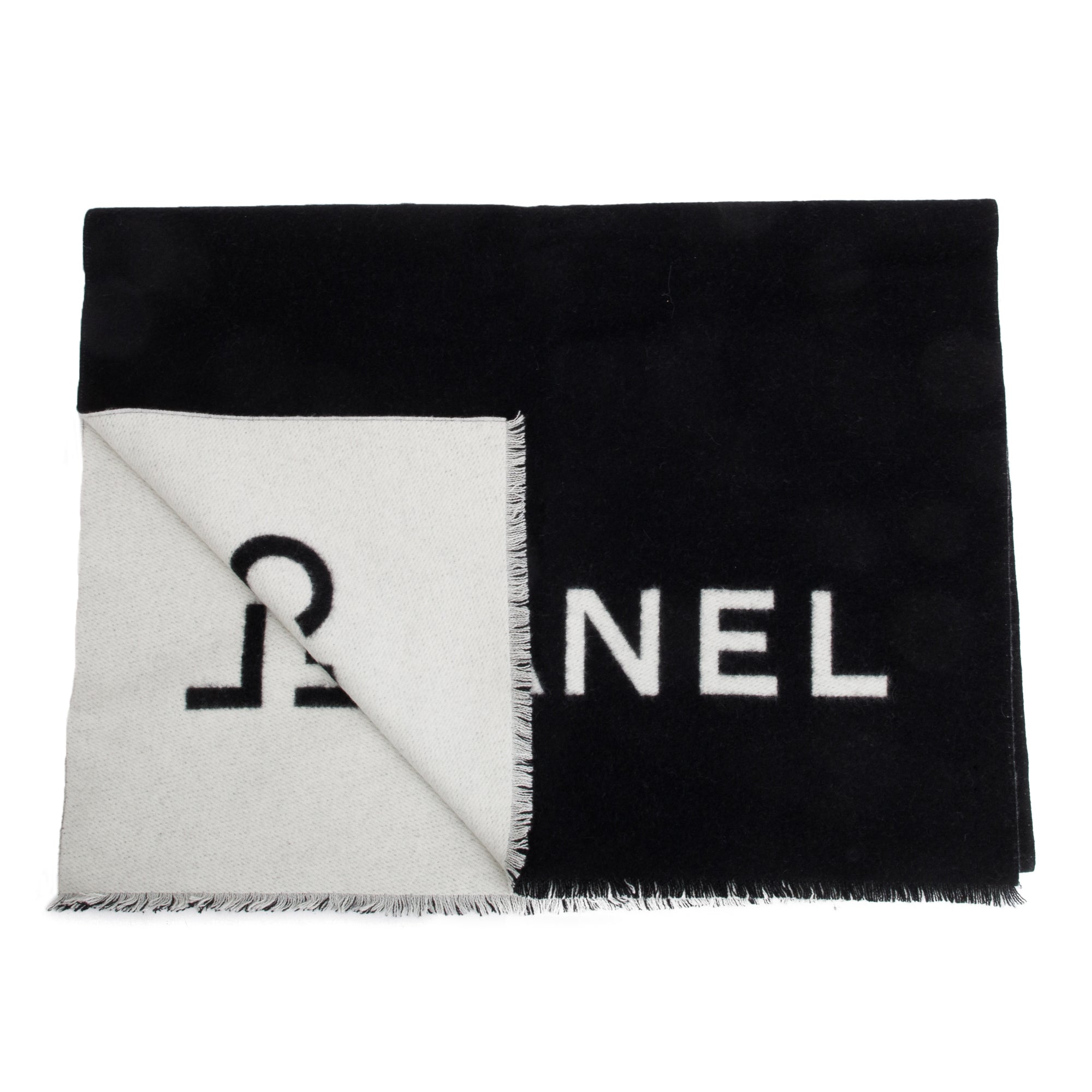 Chanel White & Black CC Logo Cashmere Scarf