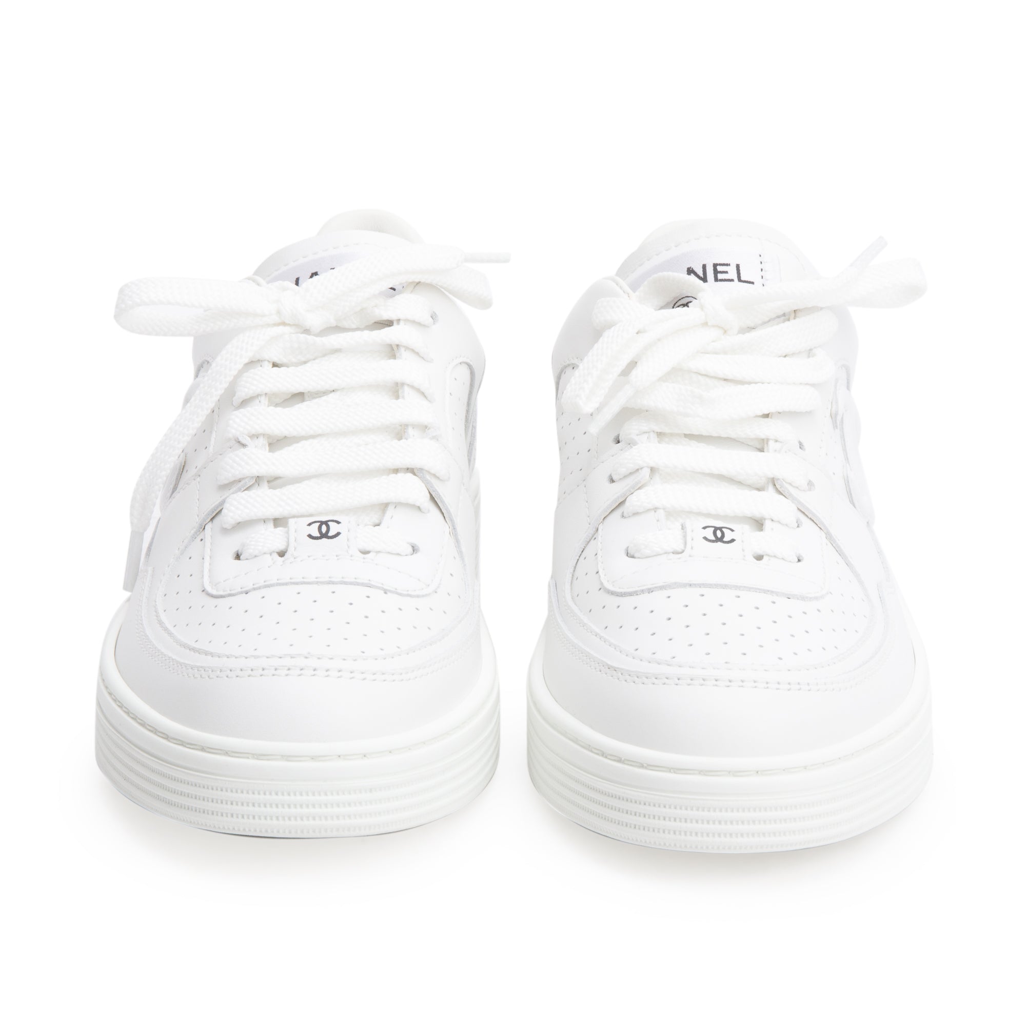 Chanel White Calfskin Leather CC Logo Low Sneakers, Size 37.5 w/ Box