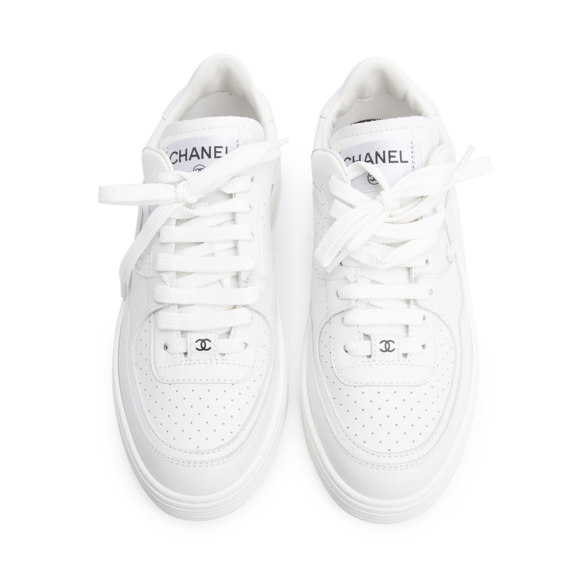 Chanel White Calfskin Leather CC Logo Low Sneakers, Size 37.5 w/ Box